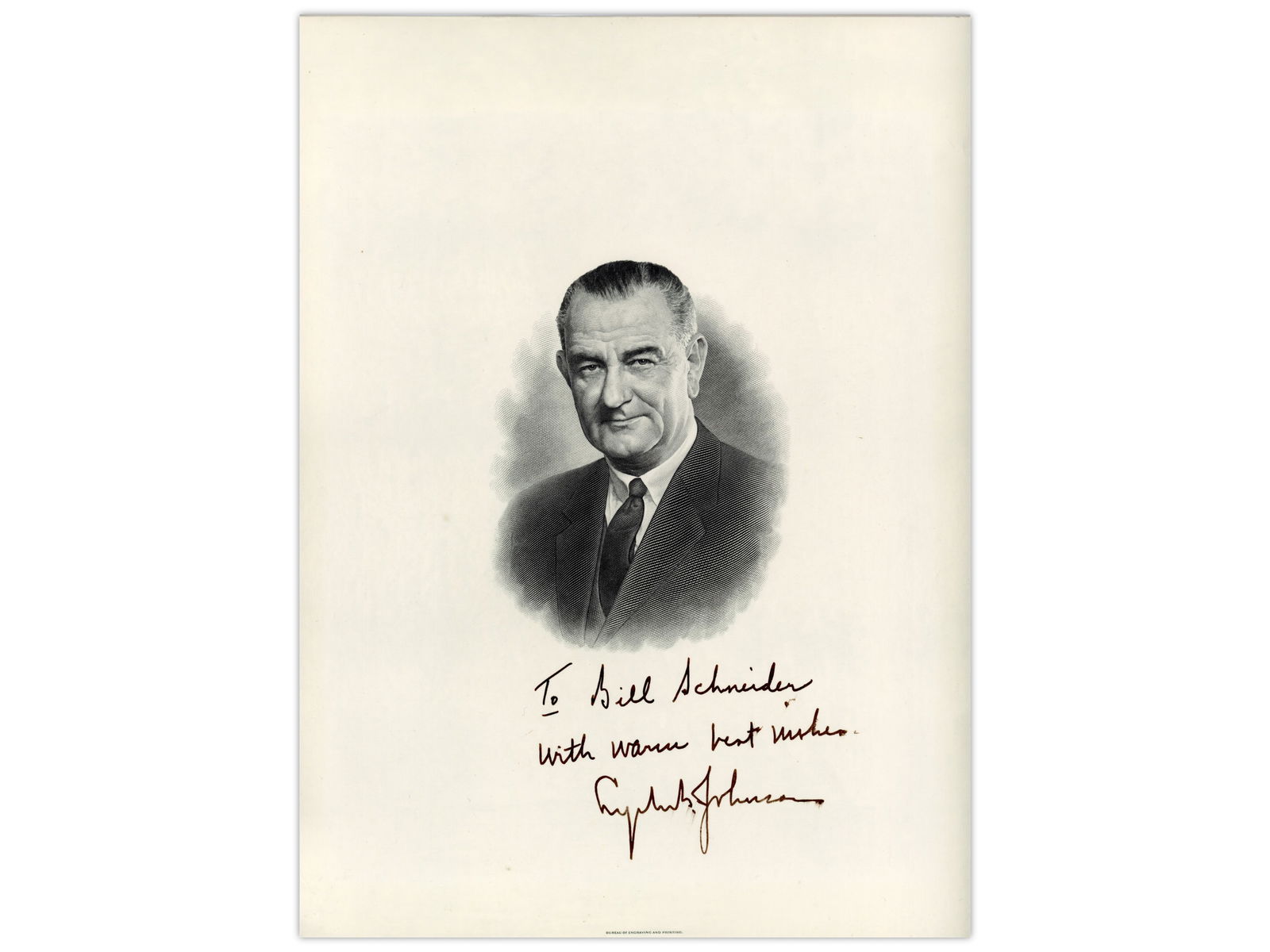Lyndon B. Johnson Signed Engraving - JSA: Bureau of Engraving and Printing bust engraving signed and inscribed by Lyndon B. Johnson, measuring approximately 12 1/8" x 9". The engraving is signed on the front in steel-tip fountain pen, with th
