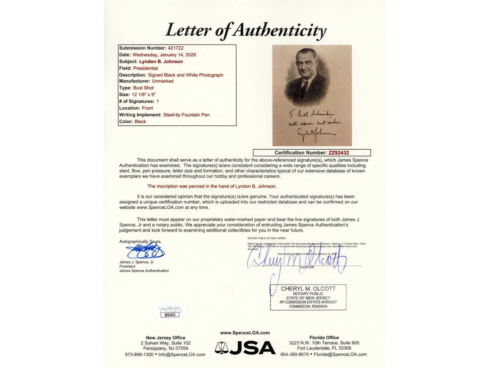 Lyndon B. Johnson Signed Engraving - JSA - 2