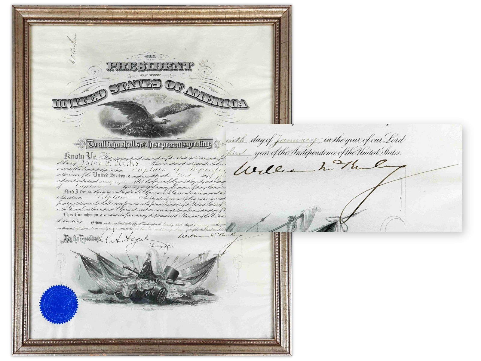 William McKinley & R.A. Alger DS, 1899: Document signed by President William McKinley and Secretary of War R. A. Alger, 1 page, large folio, Washington, dated January 26, 1899. Issued during McKinley's presidency in the immediate aftermath