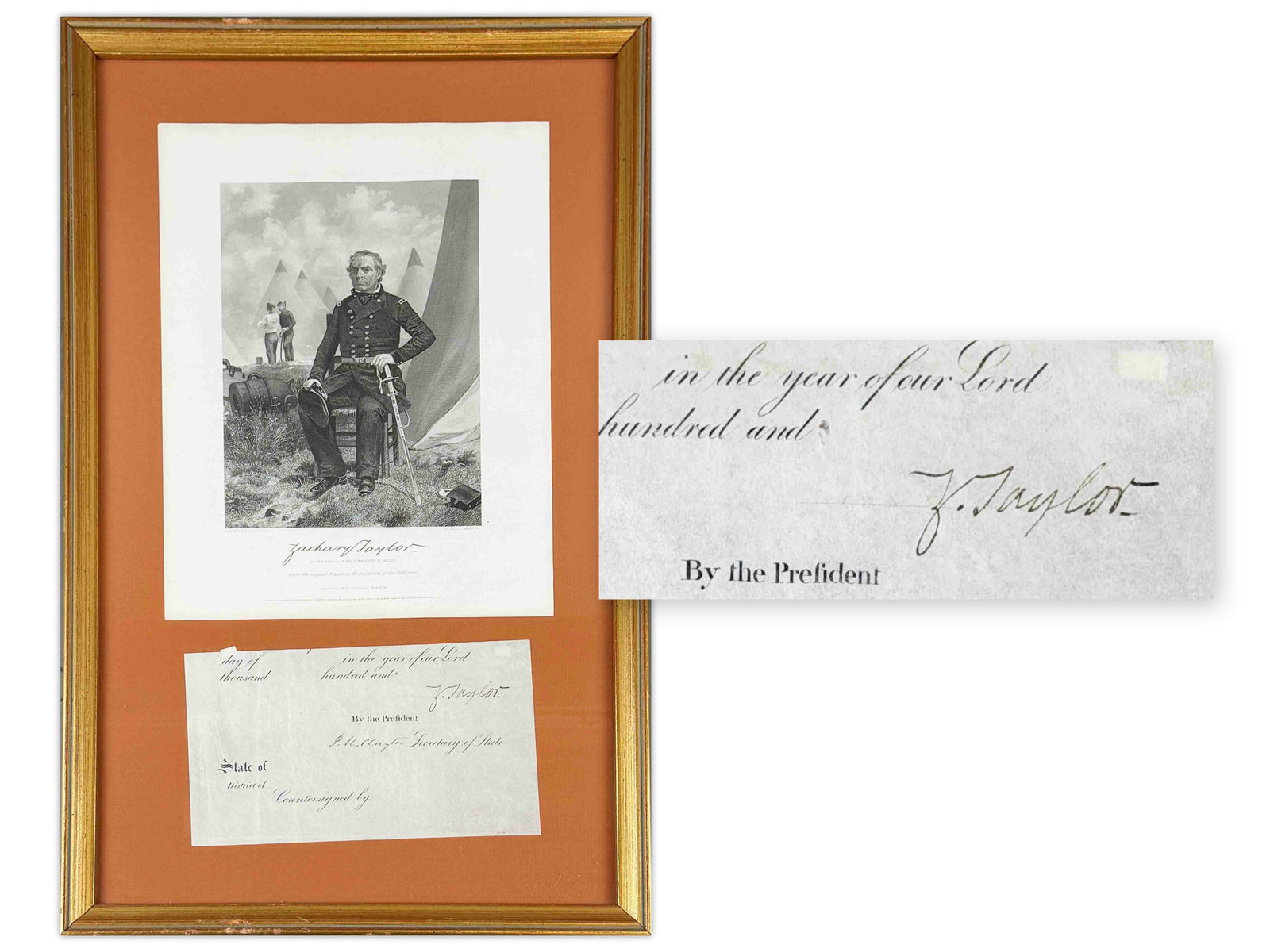Zachary Taylor & Clayton Ship Paper Cut: Signature portion from ship's papers signed by President Zachary Taylor and Secretary of State John M. Clayton. Sight size measures 7.25 x 4.25 inches; framed size 12.5 x 20 inches.Shipping: Weiss