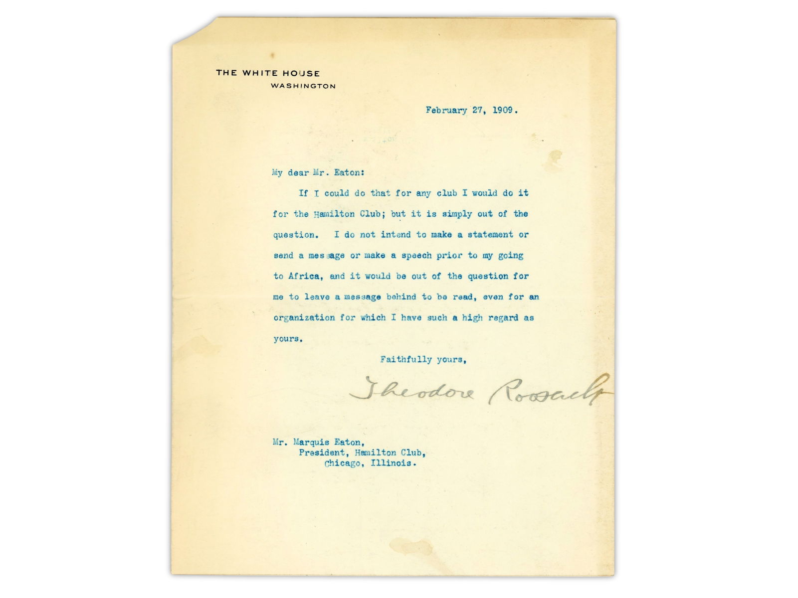 Theodore Roosevelt TLS - White House, 1909 (1 of 1)