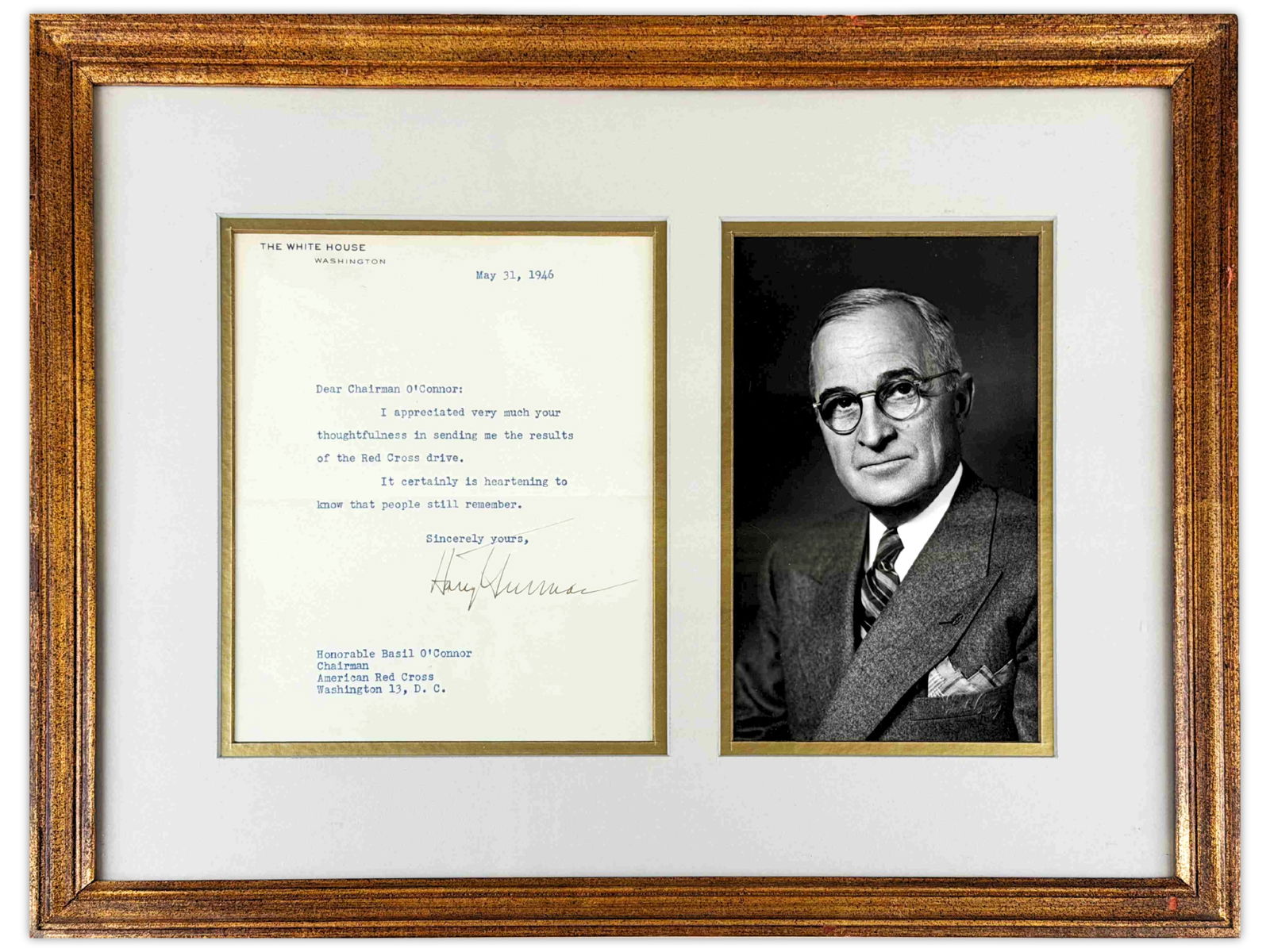 Harry S. Truman TLS, 1946: Typed letter signed by Harry S. Truman on White House stationery dated May 31, 1946, thanking Basil O'Connor for the results of a Red Cross drive. Sight size measures 6.5 x 7.5 inches; framed size 19