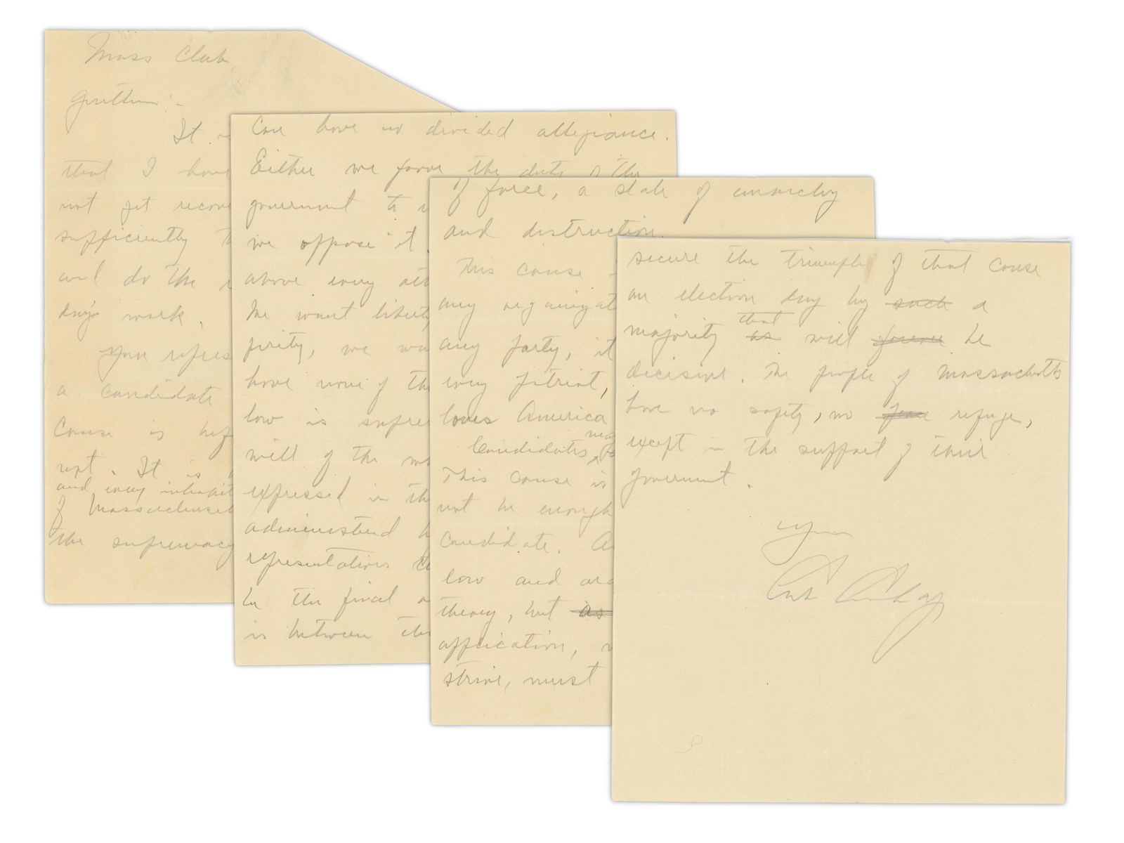 Calvin Coolidge Handwritten Political Speech: Fully handwritten pencil manuscript political speech by Calvin Coolidge, undated, identified at upper left as prepared for the "Mass Club." The speech articulates Coolidge's views on law, order, and t