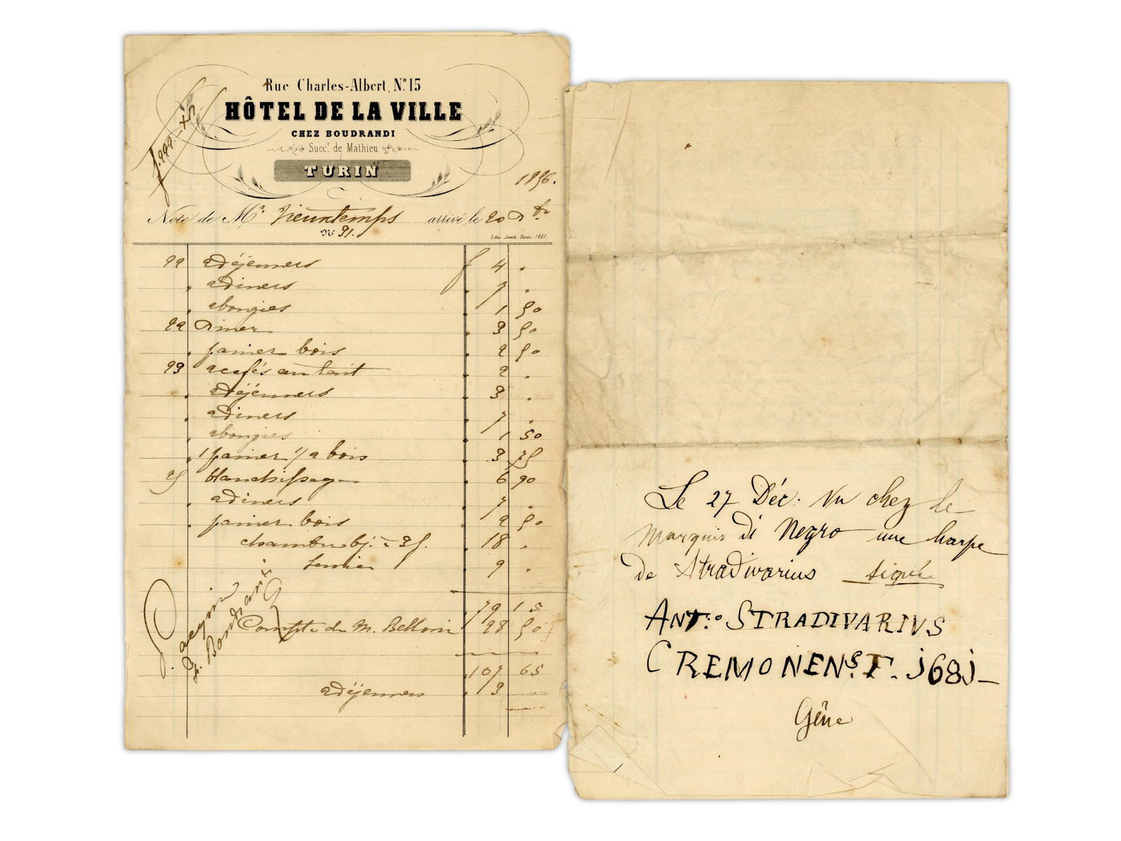 Henri Vieuxtemps Hotel Invoice, Turin: Manuscript hotel invoice from the H?tel de la Ville, Turin, recording itemized charges during a guest stay. The invoice appears to relate to Henri Vieuxtemps (1820-1881), the noted Belgian violinist