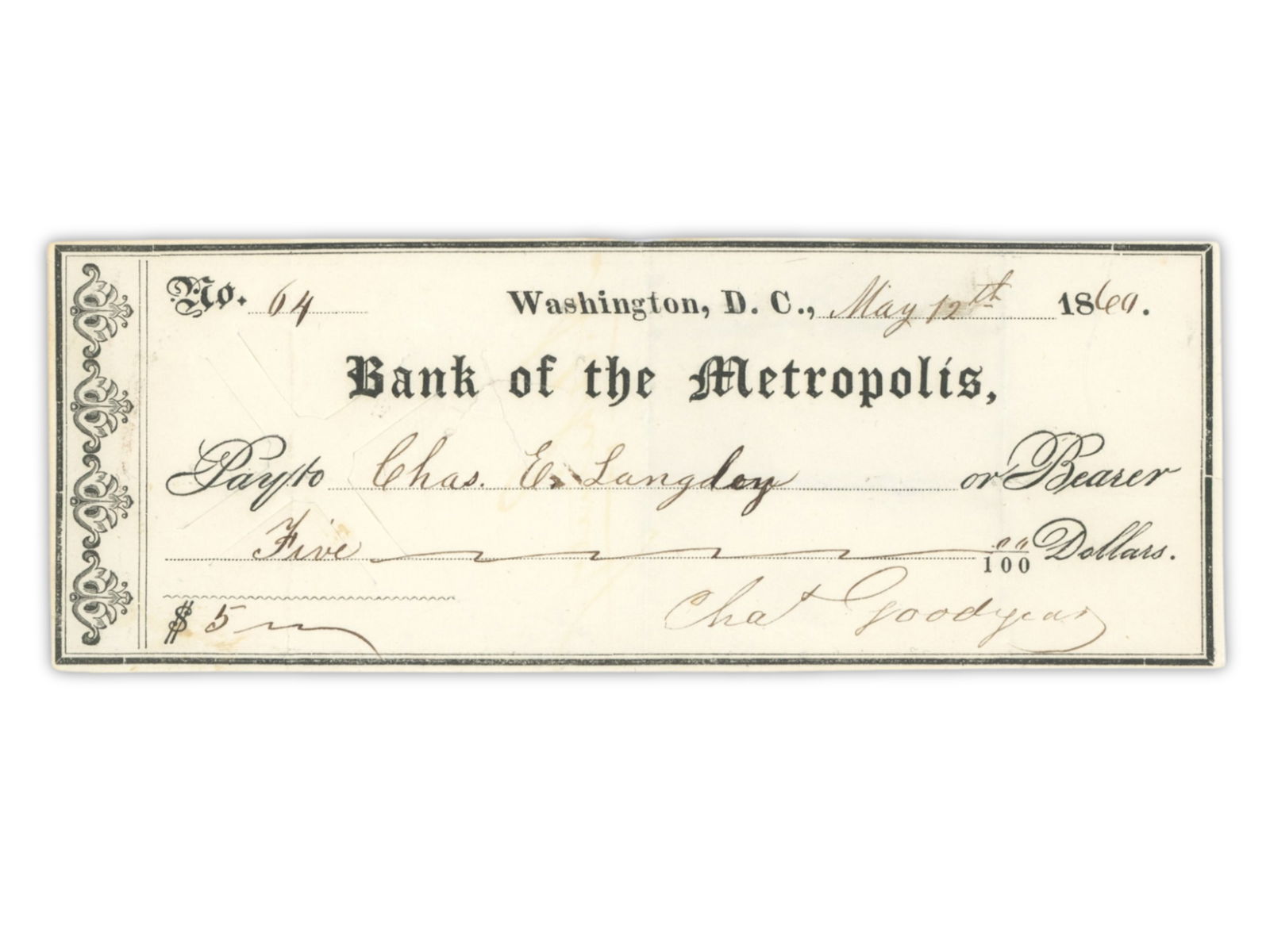 Charles Goodyear Signed Check - 1869: Bank of the Metropolis check dated May 12, 1869, made payable to Charles E. Langdon or bearer for five dollars and signed by Charles Goodyear. Post-Civil War financial document tied to the inventor