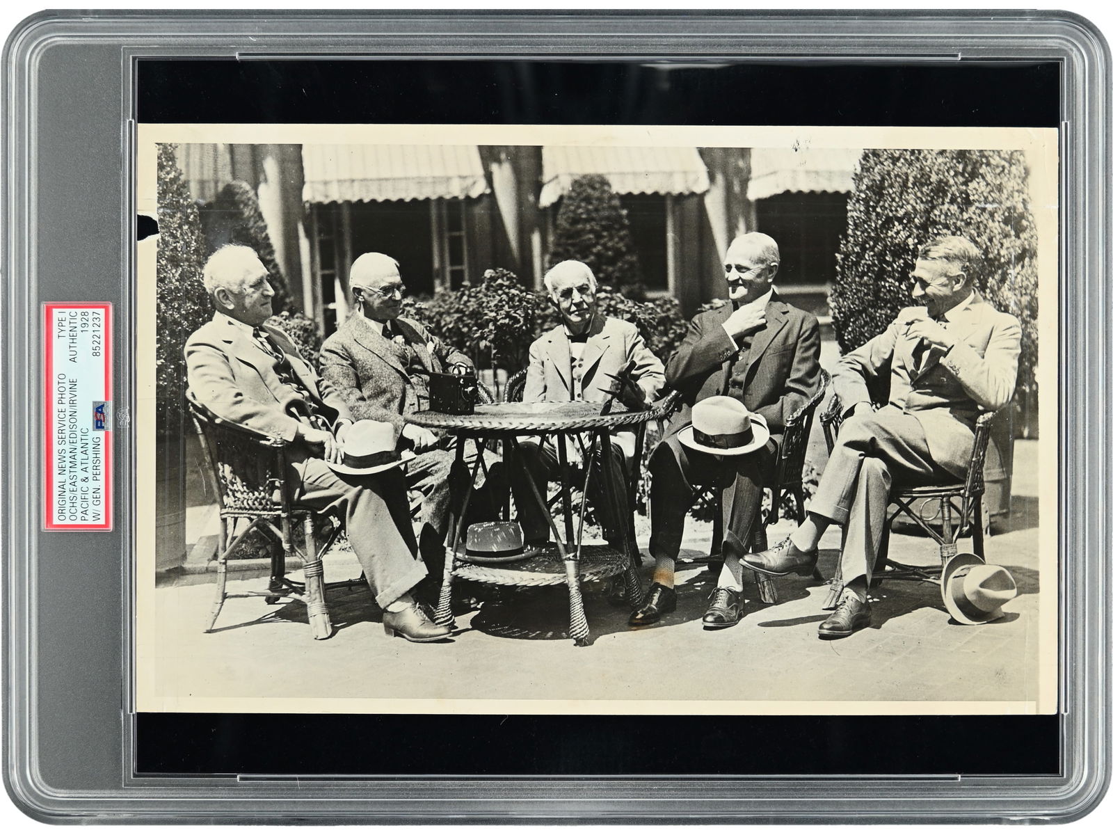 Thomas Edison News Photo - Type I, 1928: Original 1928 Type I news service photograph issued by Pacific & Atlantic depicting Thomas Edison alongside George Eastman, John J. Pershing, Adolph S. Ochs, and Sir James Irvine. Approx. 8 x 11