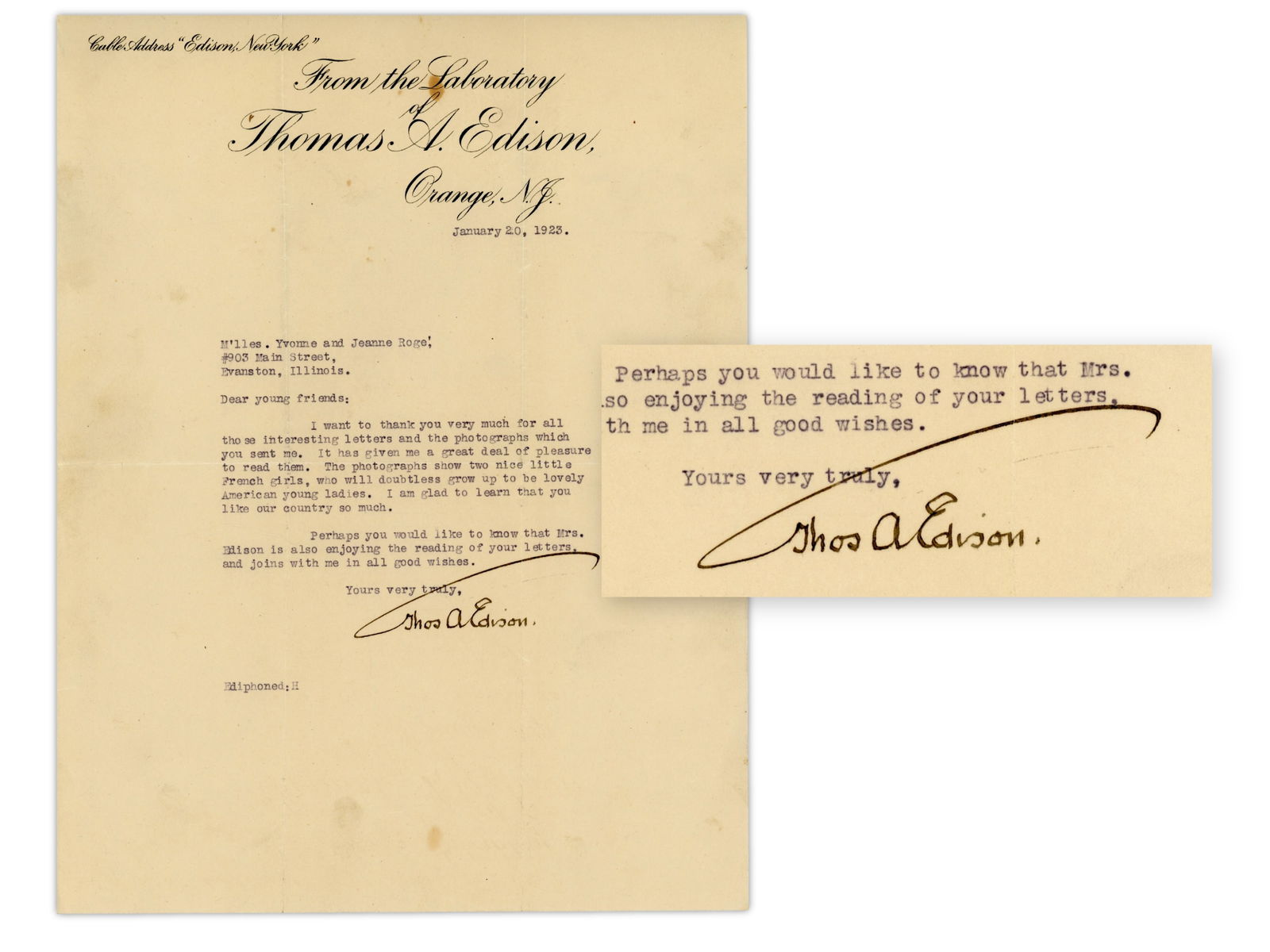 Thomas A. Edison ALS - Orange, NJ, 1923: Autograph letter signed by Thomas A. Edison, dated January 20, 1923, written on "From the Laboratory of Thomas A. Edison, Orange, N.J." letterhead. Addressed to Yvonne and Jeanne Roge, thanking them f