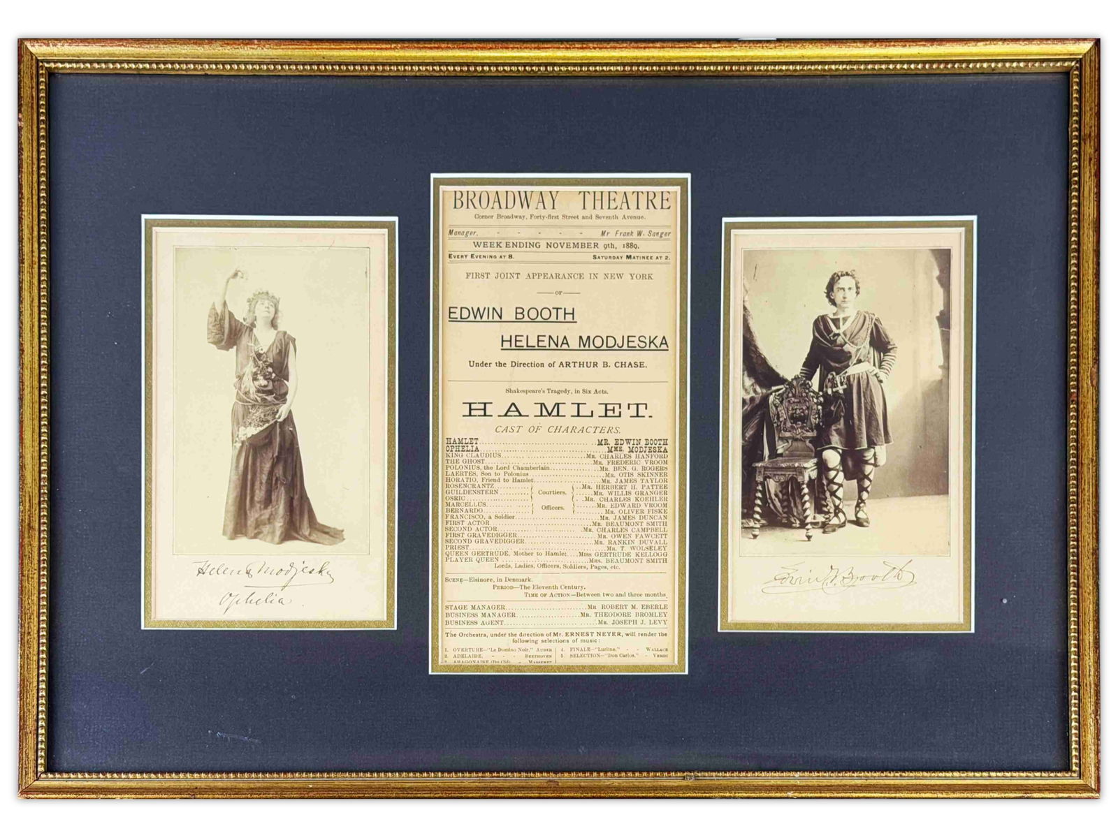 Edwin Booth & Helena Modjeska Signed Photos: Framed display featuring signed cabinet card-sized photographs of Edwin Booth and Helena Modjeska, accompanied by an original Broadway theatre handbill for the November 9, 1880 performance of Hamlet.