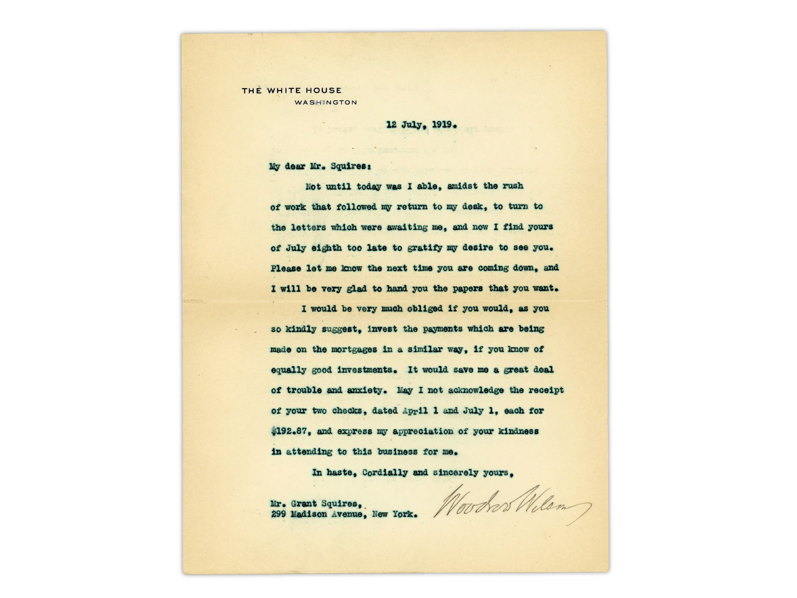 Woodrow Wilson TLS - White House, 1919 (1 of 1)