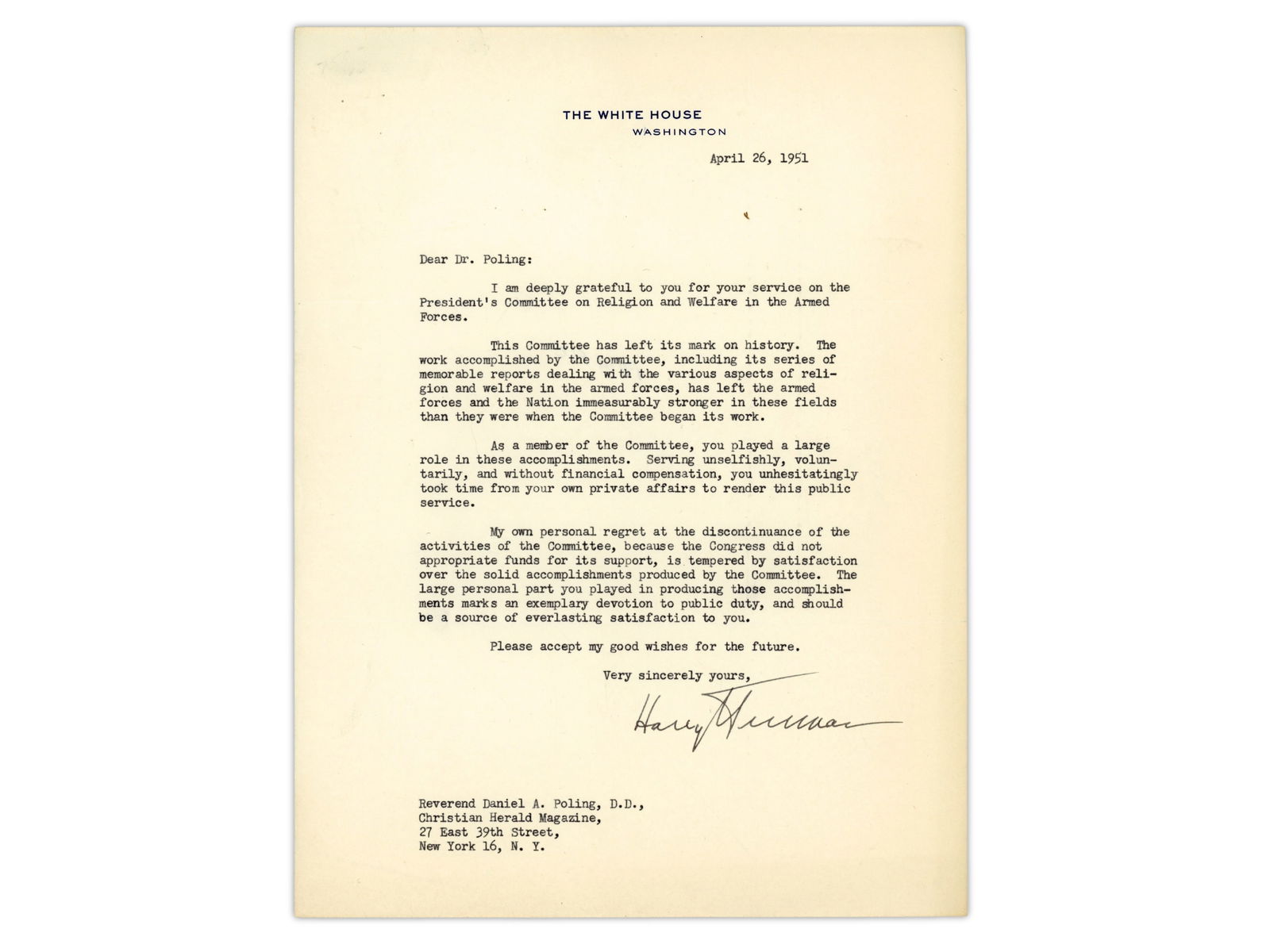 Harry S. Truman ALS - White House: Autograph letter signed by Harry S. Truman, dated April 26, 1951, written on White House letterhead while serving as President. Letter thanks Reverend Daniel A. Poling for his service on the President