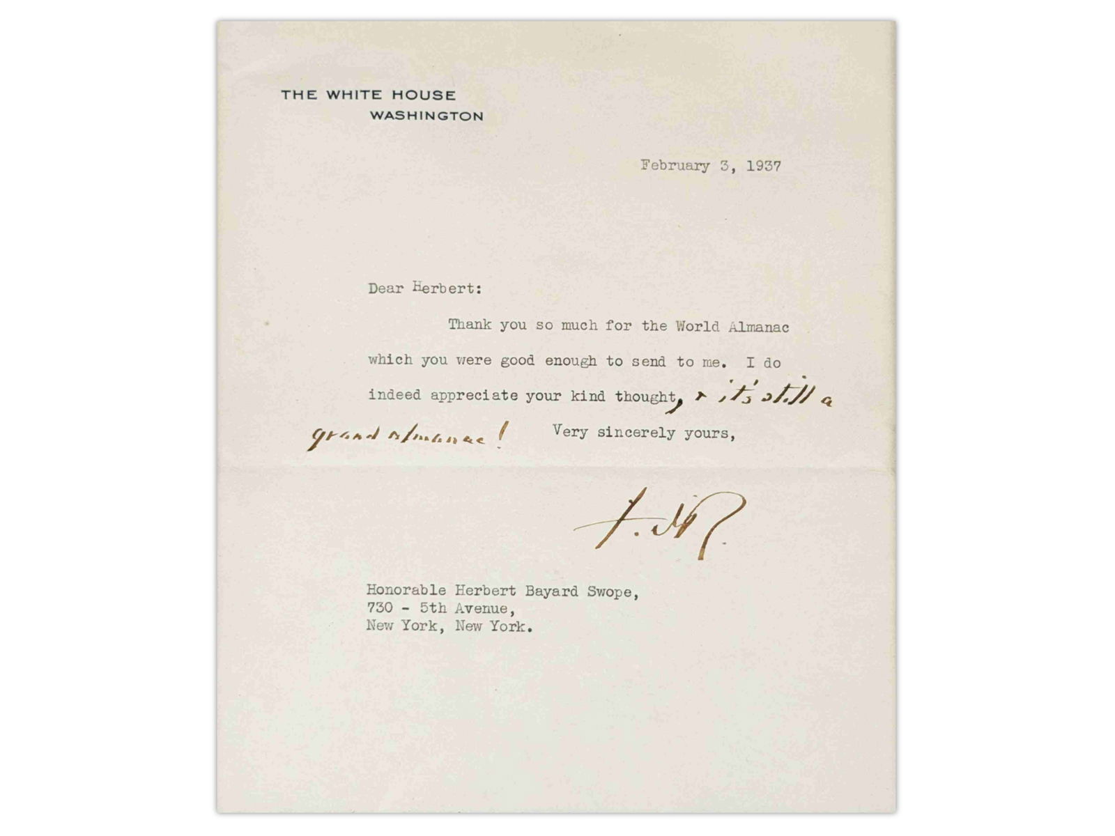 Franklin D. Roosevelt TLS, 1937 (1 of 2)