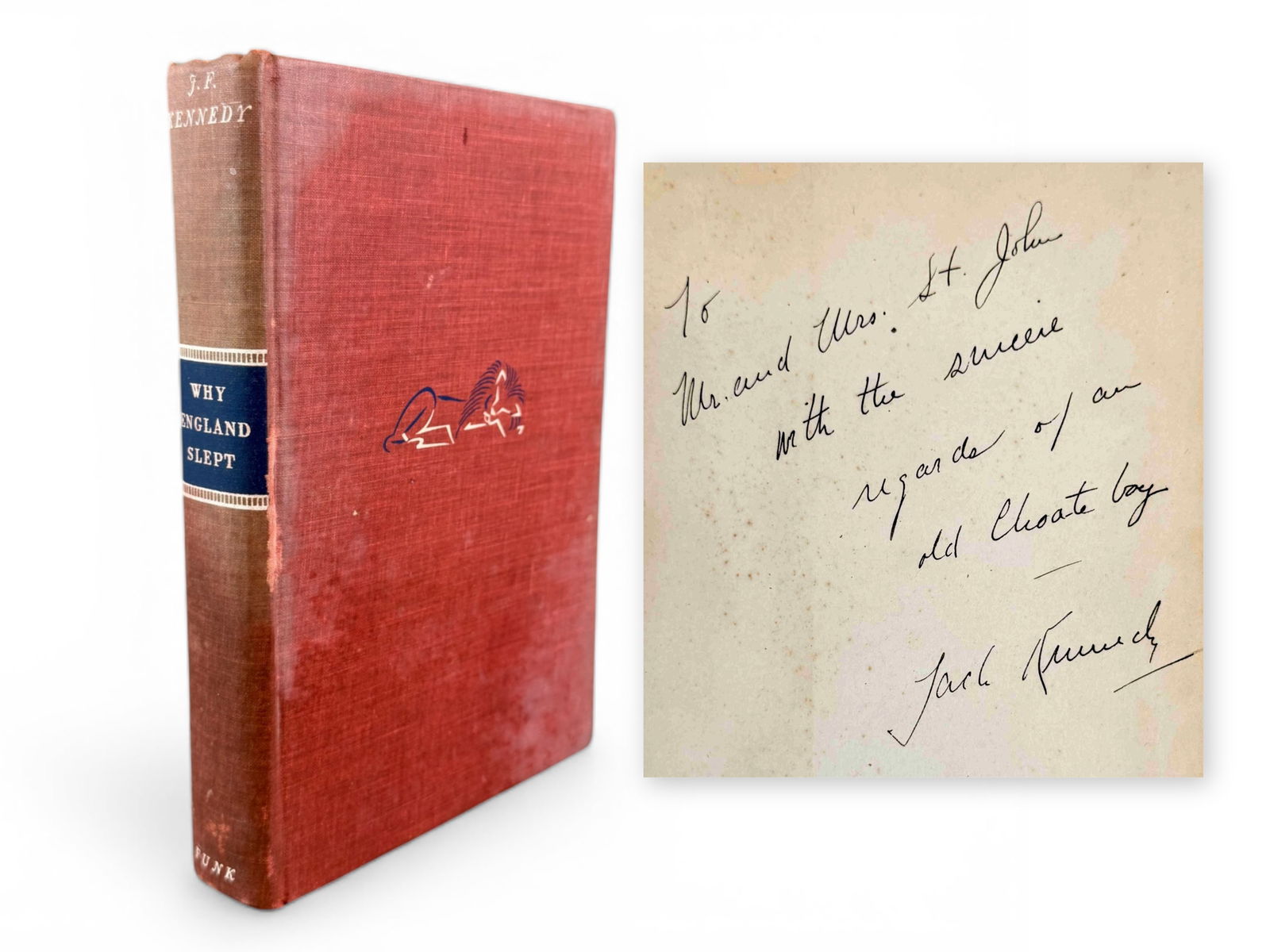 John F. Kennedy Signed Book - Why England Slept: Signed hardcover copy of Why England Slept, authored by John F. Kennedy and published by Wilfred Funk, Inc., circa 1940. The book is signed and inscribed on the first page in steel-tip fountain pen,