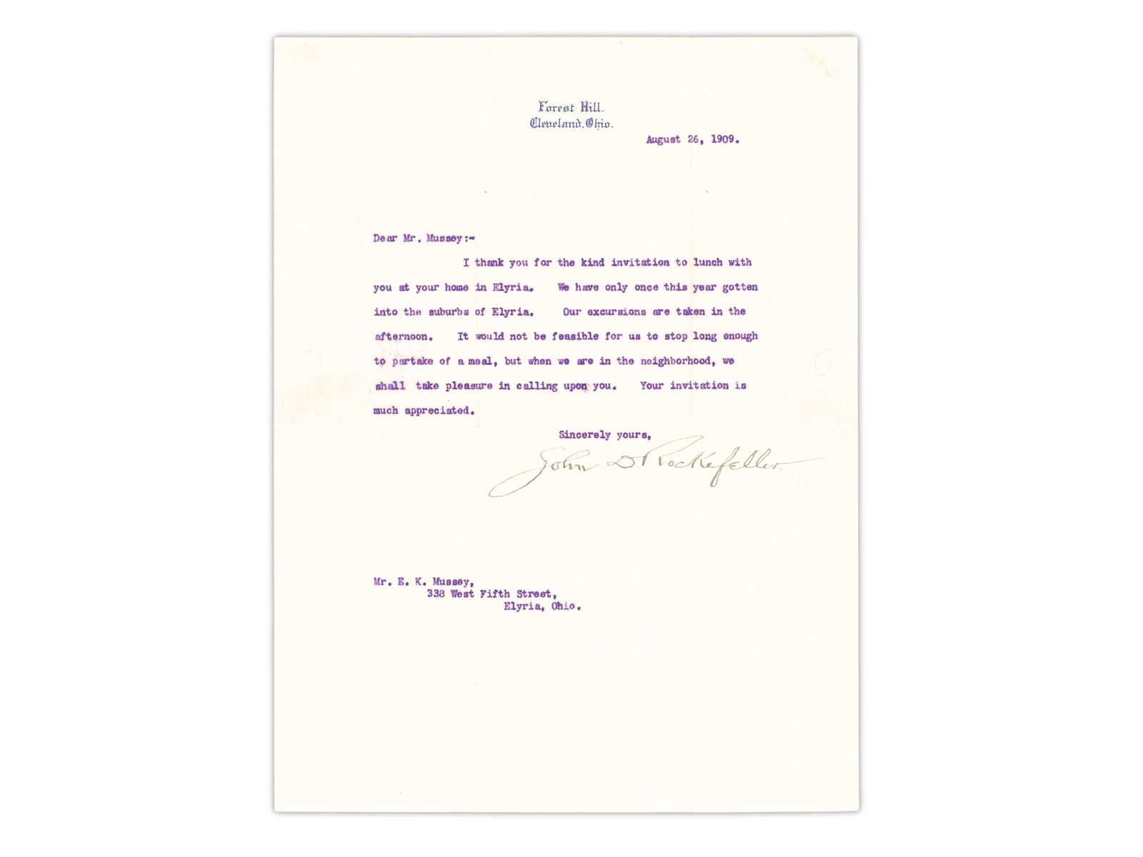 John D. Rockefeller TLS - Forest Hill, 1909 (1 of 1)