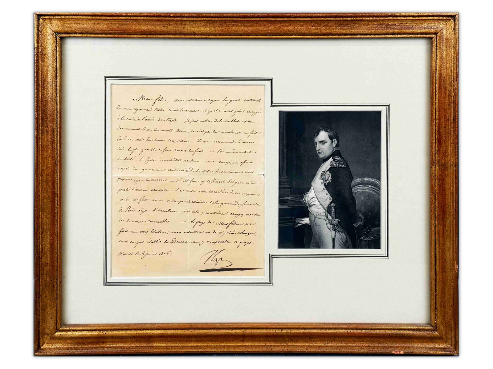 Napoleon Bonaparte Signed Letter to Eugene, 1806: Autograph letter signed by Napoleon Bonaparte, written in French and dated Munich, January 8, 1806, addressed to his stepson Eug?ne de Beauharnais, Viceroy of Italy. Written in the immediate