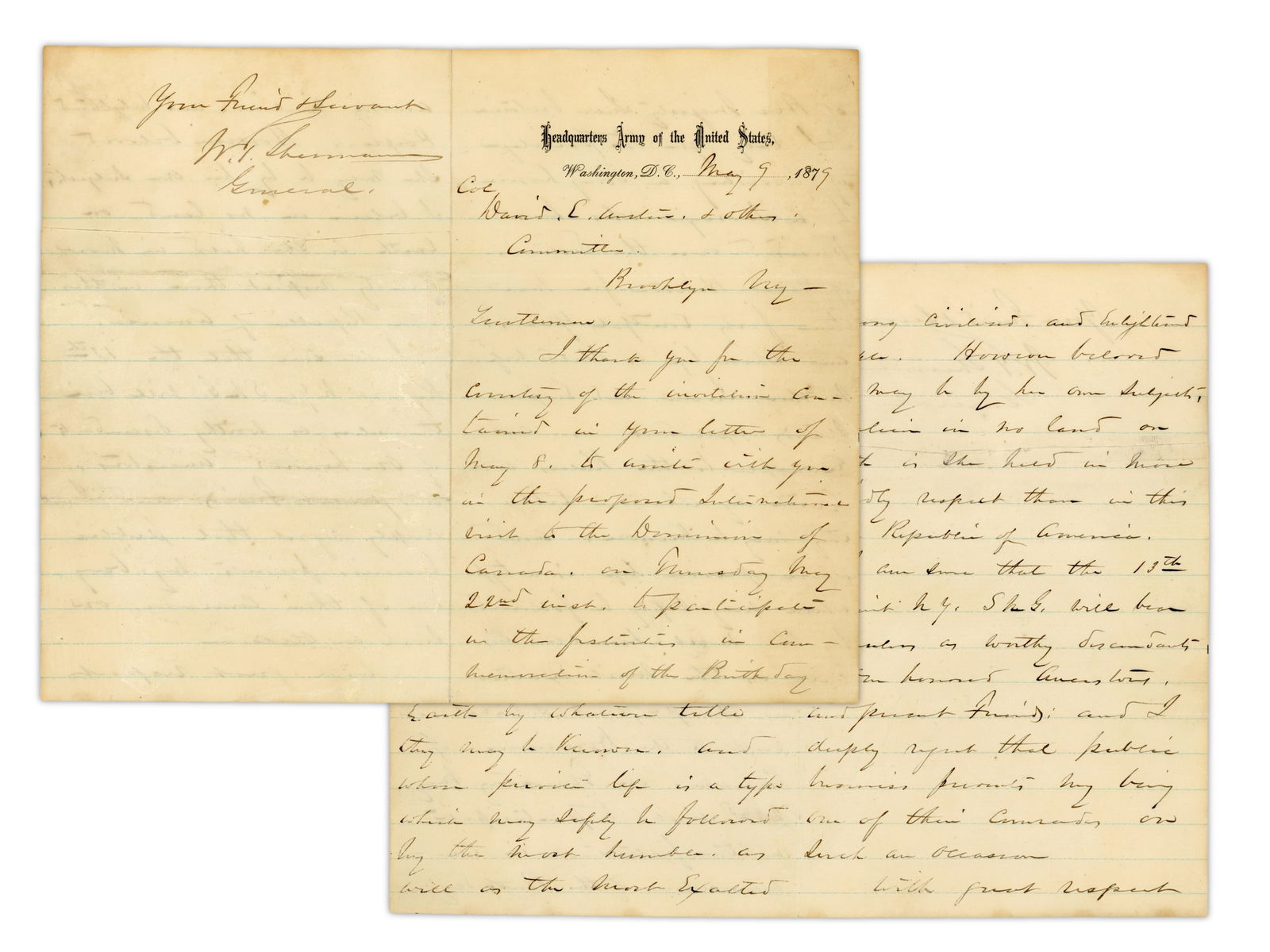 William T. Sherman ALS, 1879: Autograph letter signed by William Tecumseh Sherman, written on Headquarters, Army of the United States letterhead and dated Washington, D.C., May 7, 1879. Addressed to a committee in Brooklyn, New