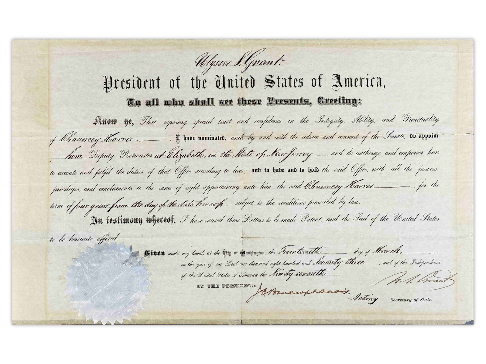 U.S. Grant Signed Appointment, 1873 (1 of 2)