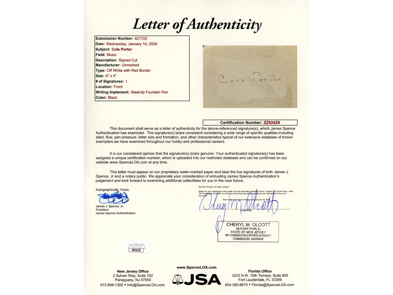 Cole Porter Signed Cut - JSA - 2