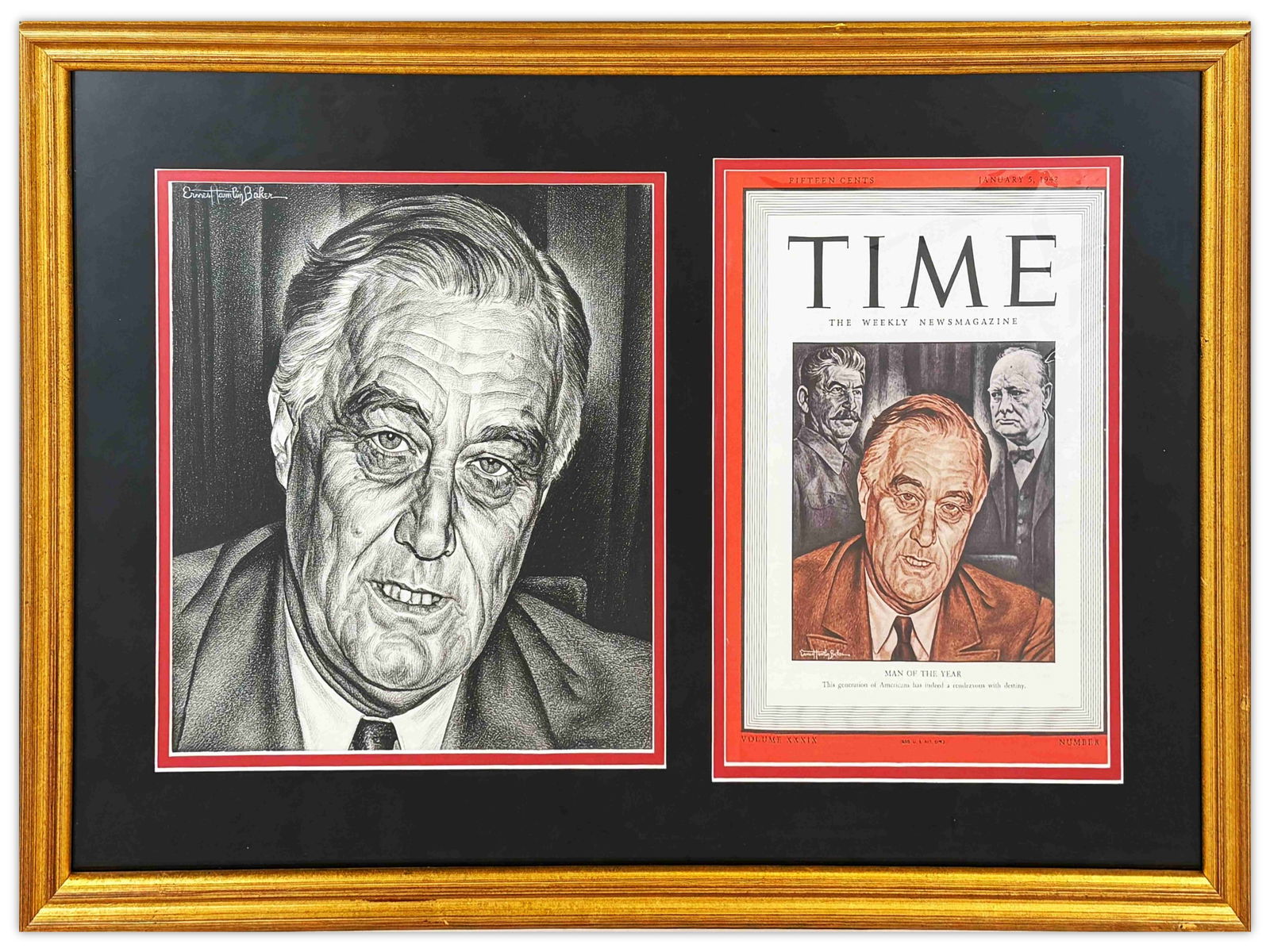 FDR Time Man of the Year Artwork: Original artwork depicting Franklin D. Roosevelt by Ernest Hamlin Baker, created for Time magazine's Man of the Year coverage. Framed and matted with a copy of the published Time cover. Artwork