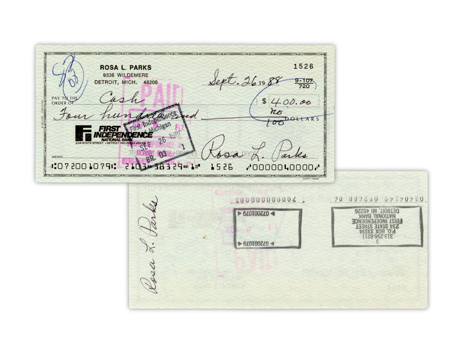 Rosa Parks Twice Signed Check, 1988: Check dated September 26, 1988, drawn on First Independence National Bank, payable to Cash for $400. Signed twice by Rosa Parks on the front and back in fiber-tip marker. Check #1526. Desirable