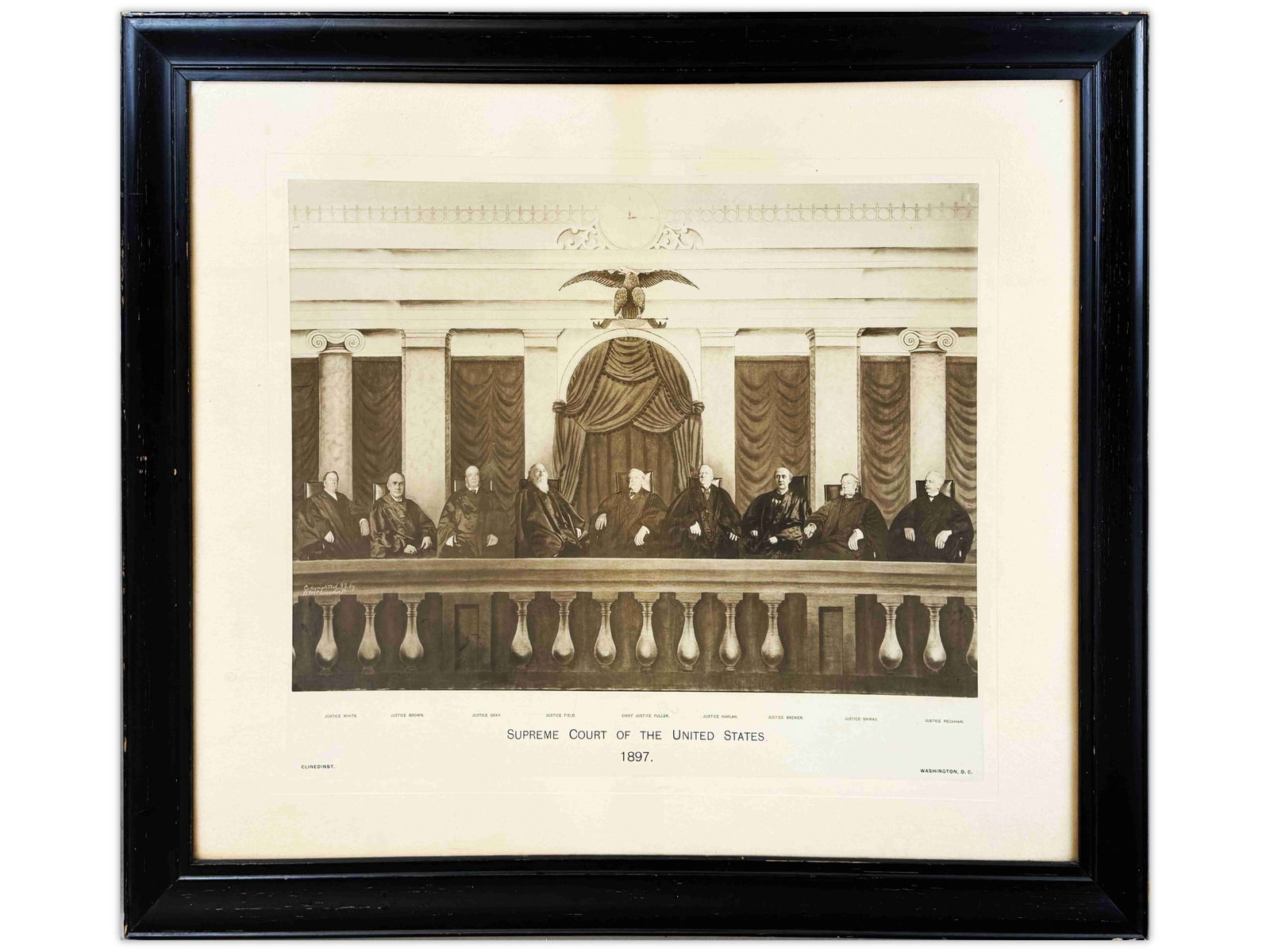 1897 U.S. Supreme Court Framed Print: Large framed print titled Supreme Court of the United States, 1897, depicting the justices seated in the Supreme Court chamber beneath the American eagle. The composition includes Chief Justice Melvil