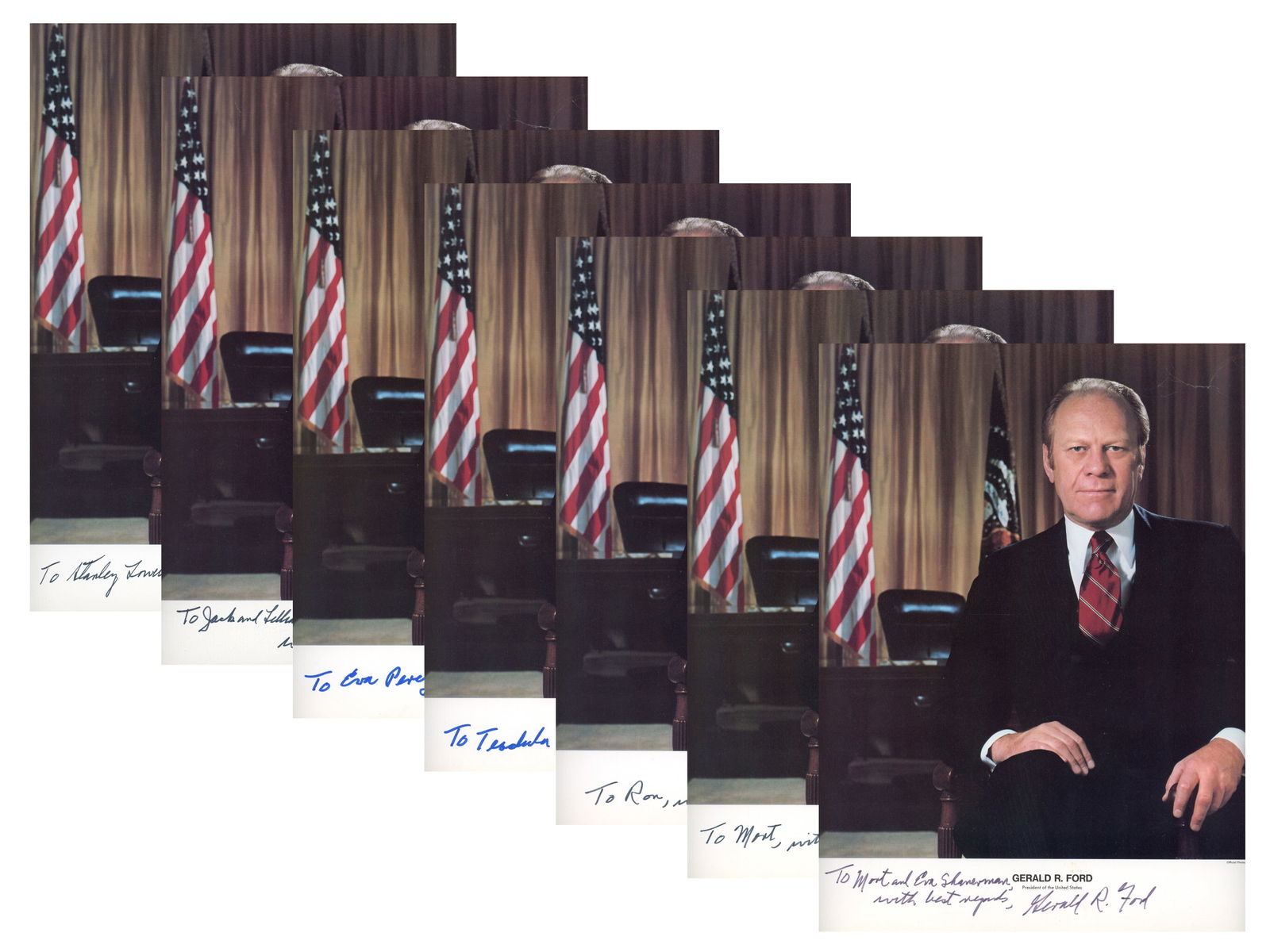 (7) Gerald Ford Signed Photos: Group of (7) official presidential photographs of Gerald R. Ford, taken by White House photographer David Hume Kennerly. Each photograph measures approximately 10 x 14 inches and is neatly signed by