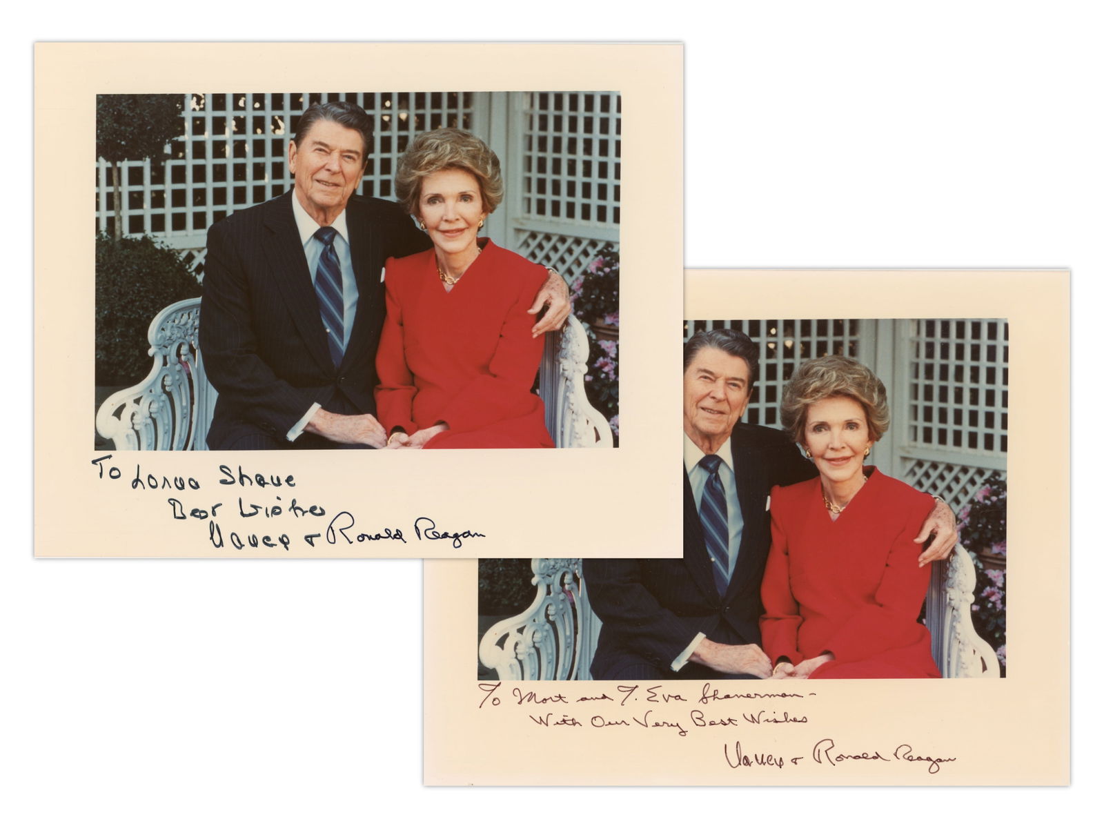 (2) Ronald & Nancy Reagan Signed Photos: Group of (2) 8 x 10 photographs signed by Ronald Reagan and Nancy Reagan. Each photograph is signed by both the former president and the First Lady, and both examples include personalization's. One