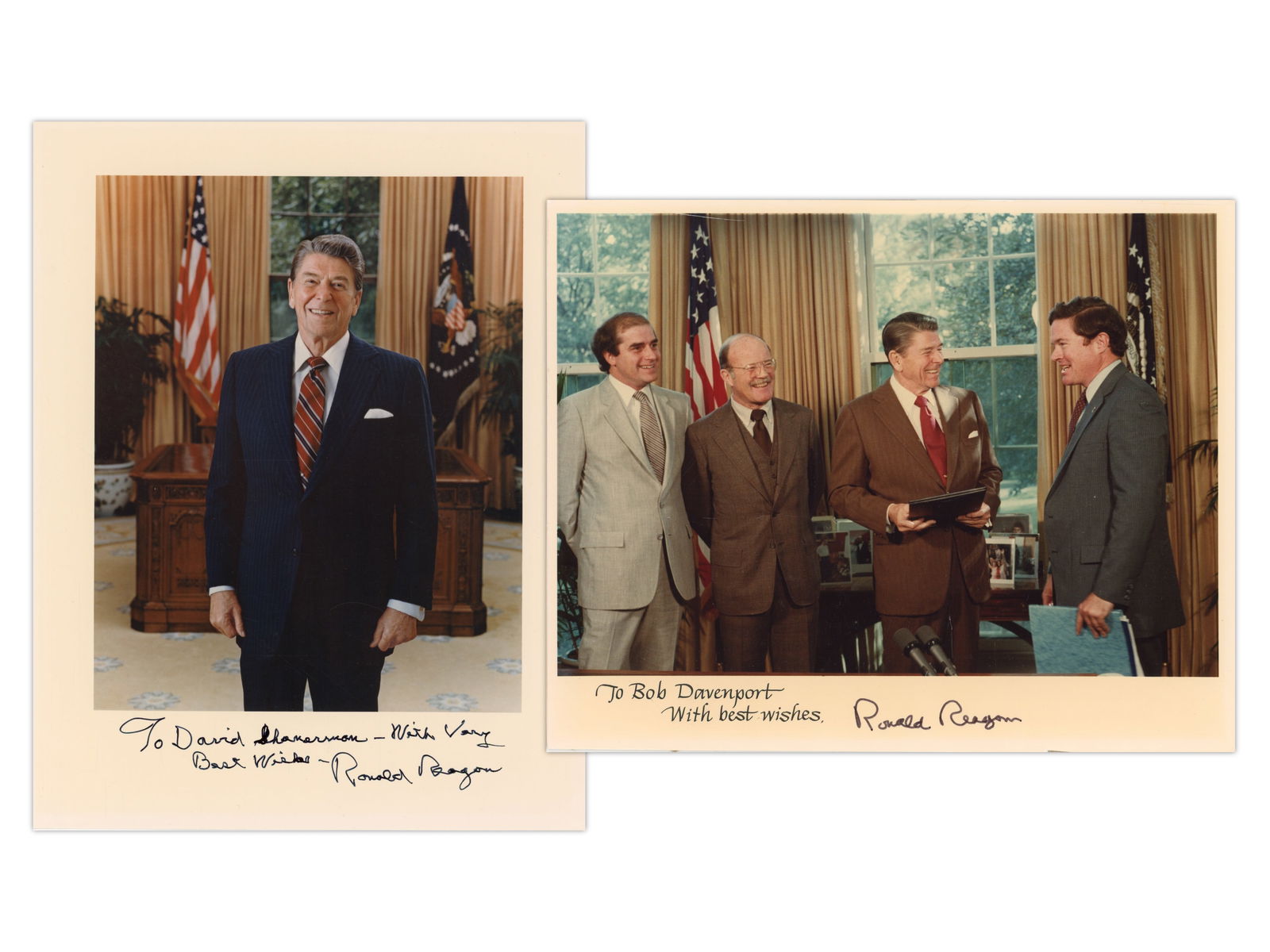 (2) Ronald Reagan Signed 8x10 Photos: Group of (2) personalized and signed 8 x 10 photographs by Ronald Reagan. Each photograph bears a personalization along with Reagan's signature. One image, inscribed to Bob Davenport, is mounted on
