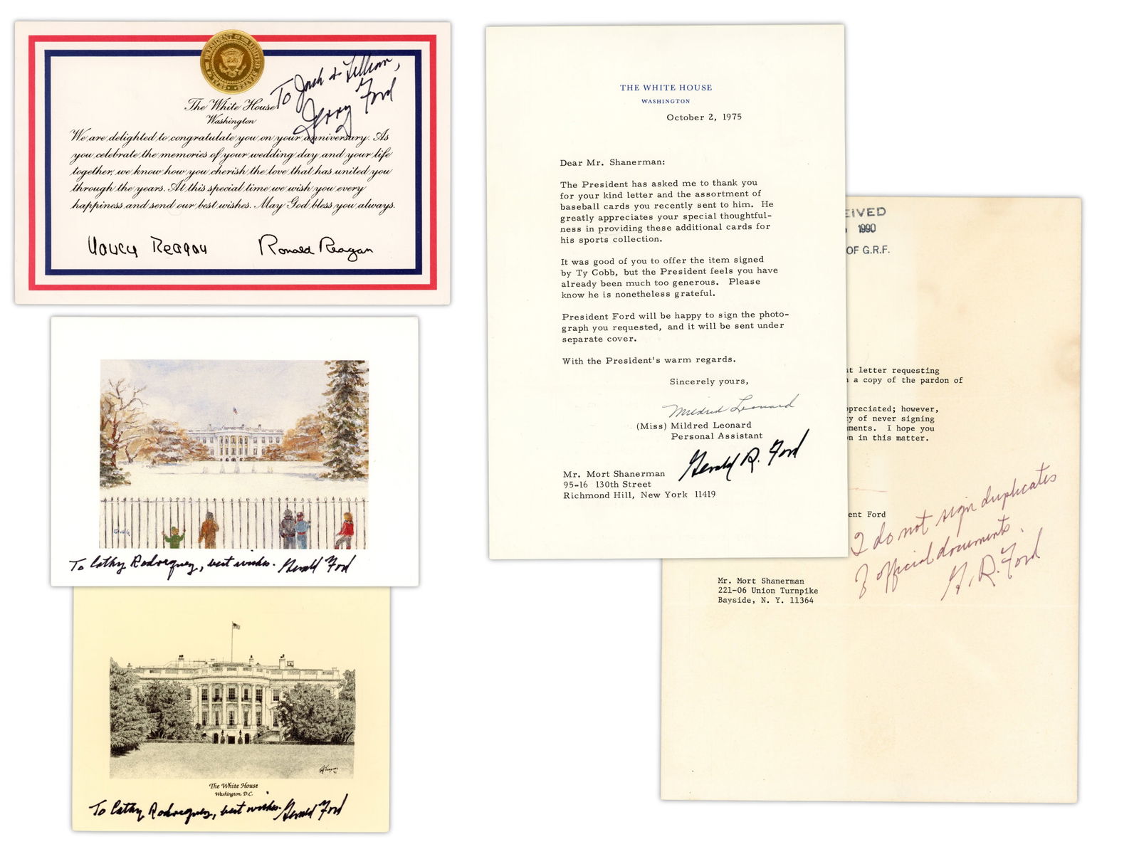Gerald Ford Autograph Lot: Autograph group of materials signed by Gerald R. Ford, including (2) signed White House greeting cards, a TLS on White House letterhead, a TLS on Gerald R. Ford personal letterhead, (2) signed 8 x 10