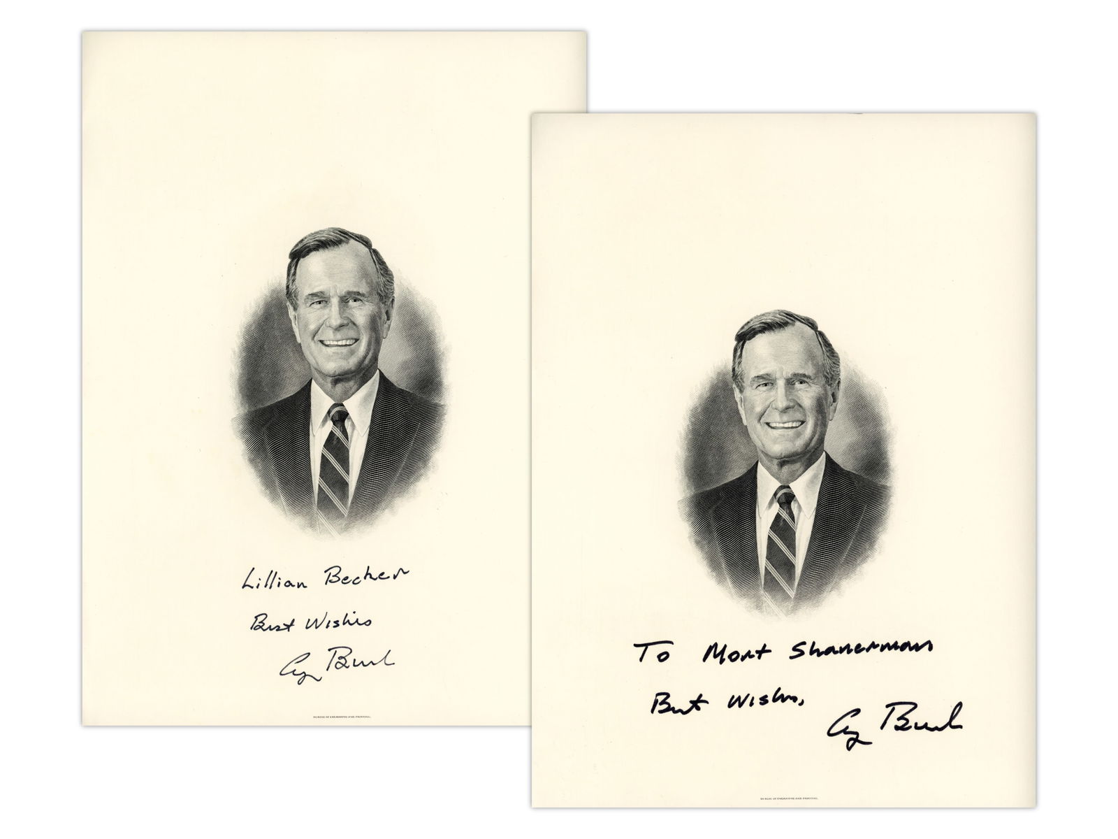 (2) George H.W. Bush Signed Engravings: Group of (2) 9 x 11.5 inch engraved portraits signed and personalized by George H. W. Bush. Each engraving bears Bush's signature along with a personalization.Bush served as the 41st President of the