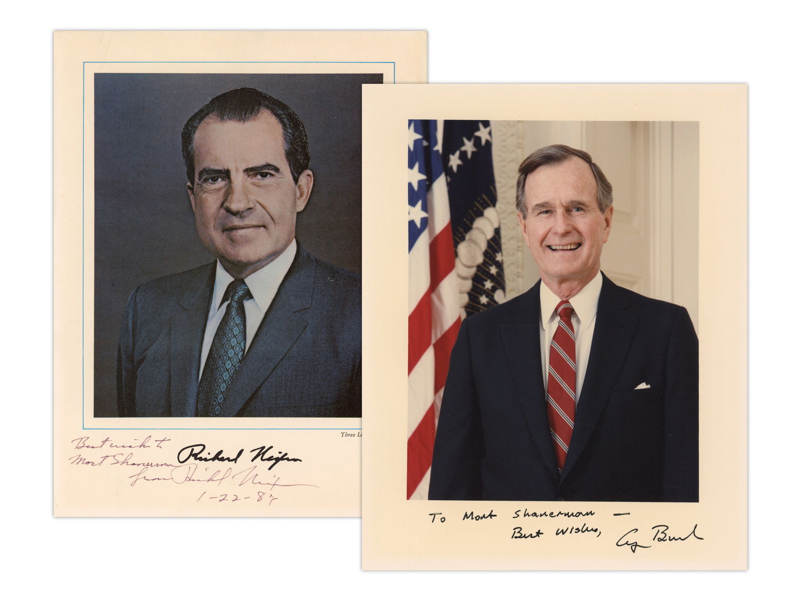 George H.W. Bush & Richard Nixon Signed Photos JSA: Group including an 8 x 10 photograph signed and personalized by George H. W. Bush, bearing a JSA authentication sticker (AS58469), and an 8.5 x 11 inch signed print of Richard Nixon, accompanied by a