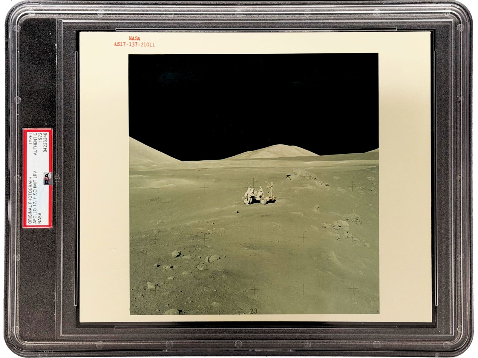 Apollo 17 Harrison Schmitt Photo - Type I: Original NASA-issued Type I photograph depicting Harrison Schmitt working at the Lunar Roving Vehicle during Apollo 17, 1972. From the Gene Kranz Collection. Comes with a Letter of Provenance signed