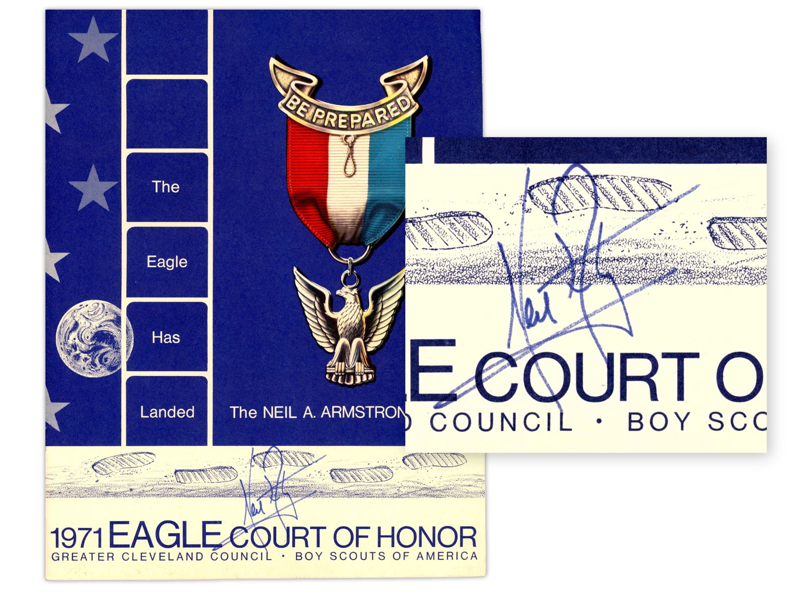 Neil Armstrong Signed 1971 Boy Scouts Program JSA: Signed Eagle Court of Honor graduation program issued by the Boy Scouts of America, dated 1971. Program measures 8.5 x 11 inches and is signed neatly in blue ballpoint pen by Neil Armstrong on the fro