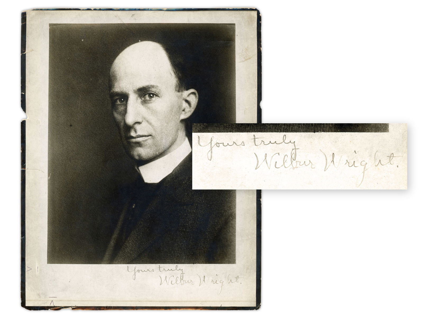Wilbur Wright Signed Portrait Photograph JSA: Extremely scarce signed black-and-white portrait photograph of Wilbur Wright, measuring approx. 6.5 x 9 inches (visible), presented framed. Signed in steel-tip fountain pen with the inscription