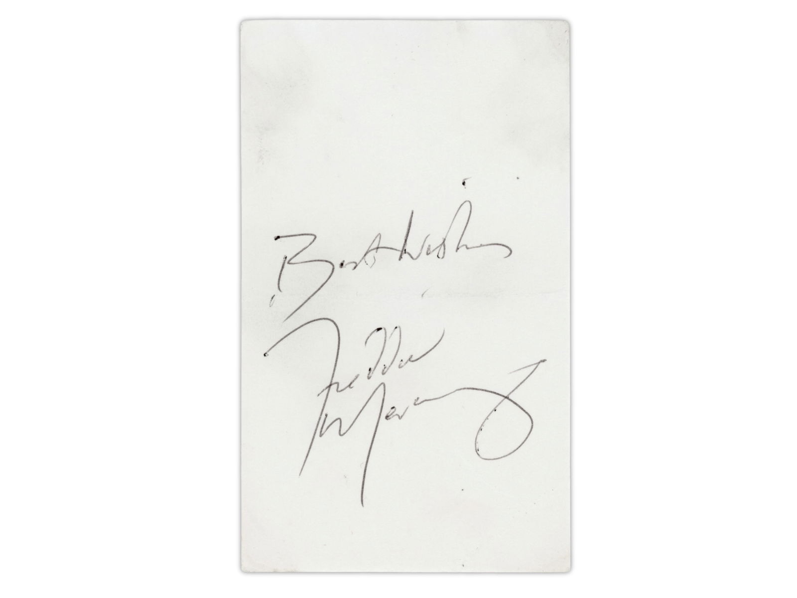 Freddie Mercury Signed Cut: Signed cut by Freddie Mercury, legendary frontman of Queen. Mercury is widely regarded as one of the most influential and dynamic vocalists in rock history, with enduring hits including "Bohemian