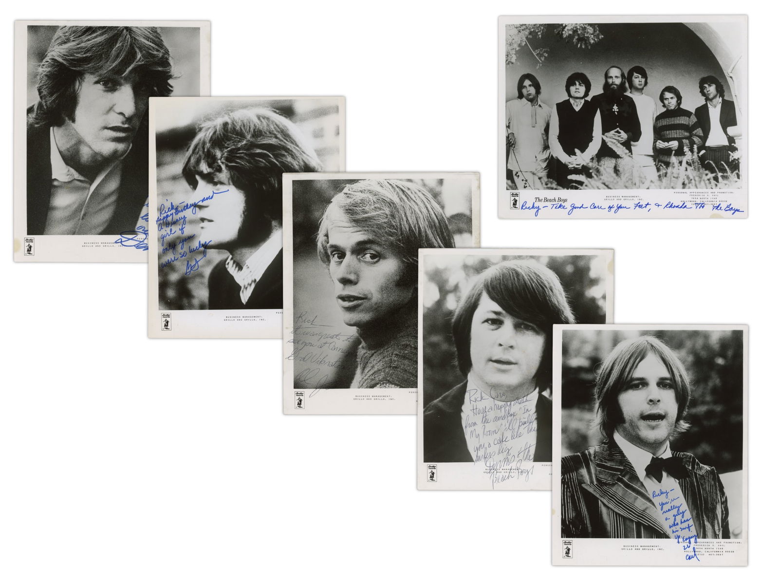 (6) Beach Boys Signed Photos: Group of six signed photographs from members of The Beach Boys, all inscribed and personalized. Includes two signed by Dennis Wilson, one by Bruce Johnston, one by Al Jardine, one by Carl Wilson, and