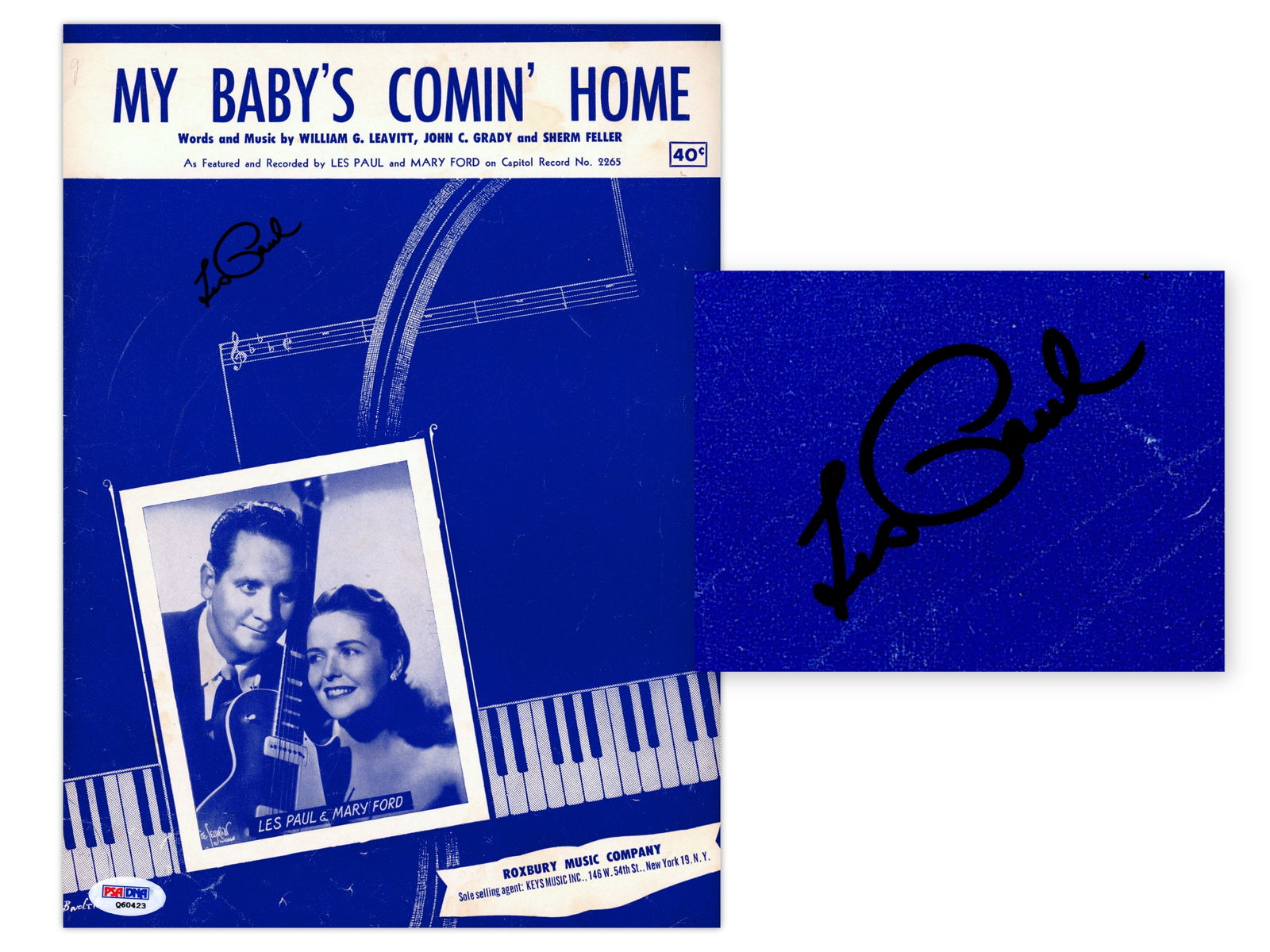 Les Paul Signed Sheet Music: Original sheet music for My Baby's Comin' Home, signed on the cover in black marker by Les Paul. Clean signed example from the pioneering guitarist, recording innovator, and namesake of the Gibson