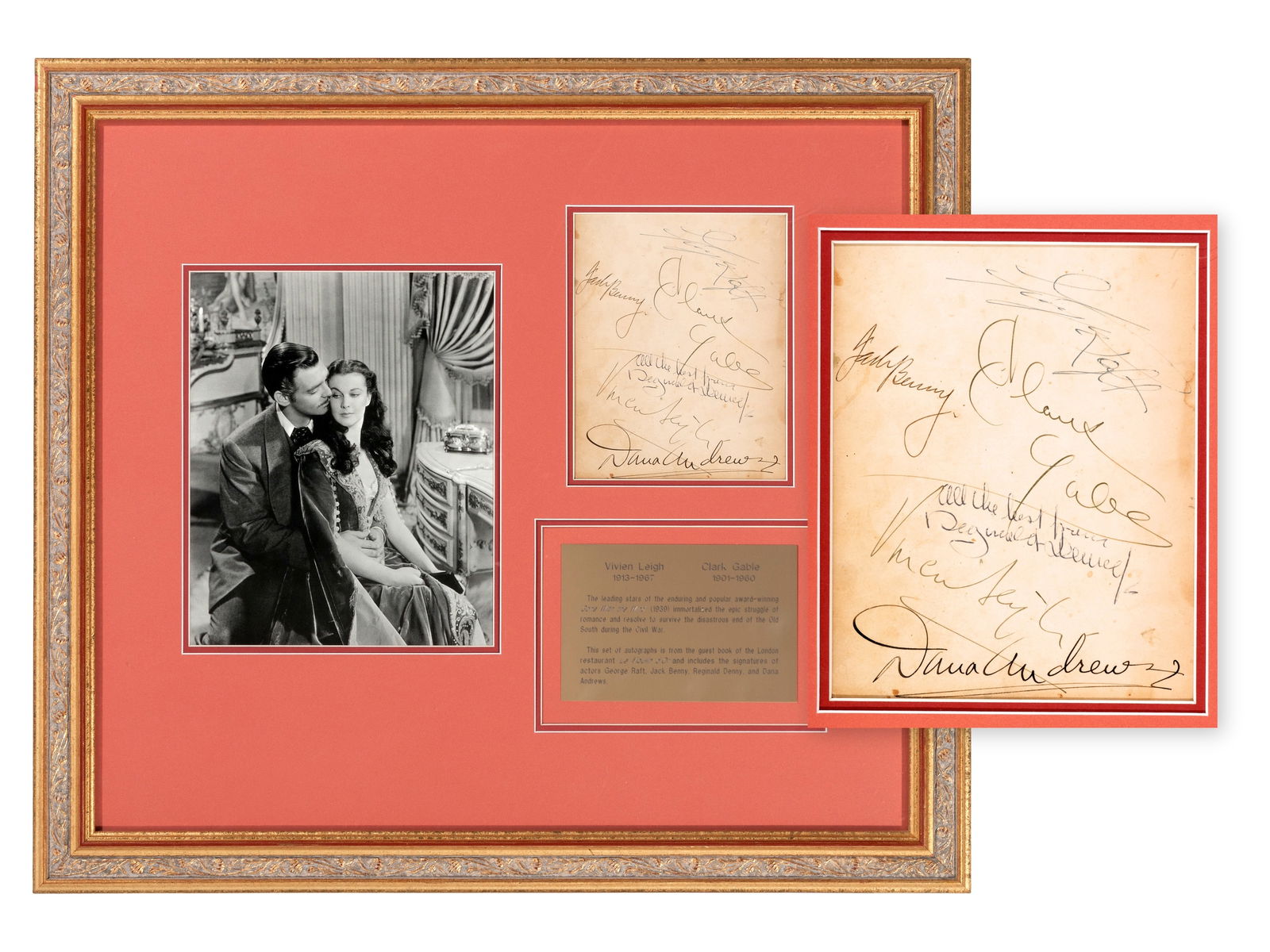Hollywood Stars Multi-Signed Display: Framed and double-matted display featuring a guest book page signed by six Hollywood stars from the 1940s, accompanied by a photographic image and engraved plaque. The signed page originates from the