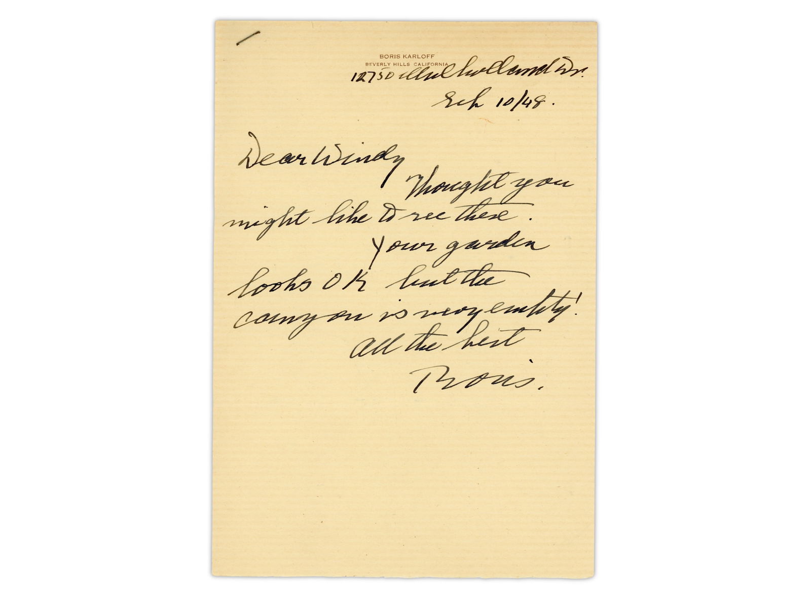 Boris Karloff ALS, 1948: Autograph letter signed by Boris Karloff, dated September 10, 1948, on personal Beverly Hills letterhead. In the brief, friendly note addressed "Dear Wendy," Karloff writes in a warm and personal
