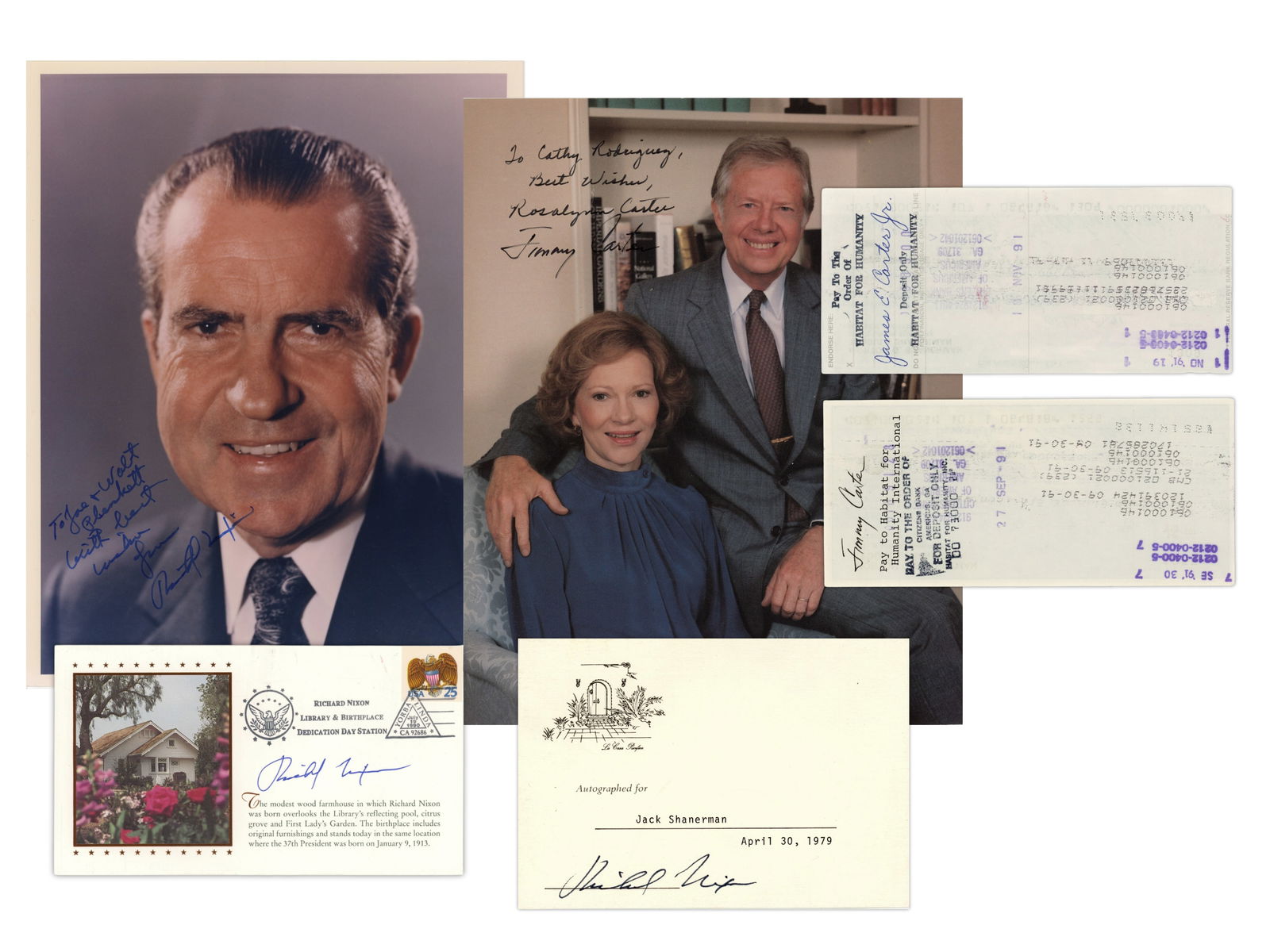 Jimmy Carter & Richard Nixon Autograph Group: Autograph grouping featuring material signed by Jimmy Carter and Richard Nixon. Includes an 8 x 10 photograph signed by Jimmy Carter and Rosalynn Carter with personalization, an 8 x 10 photograph