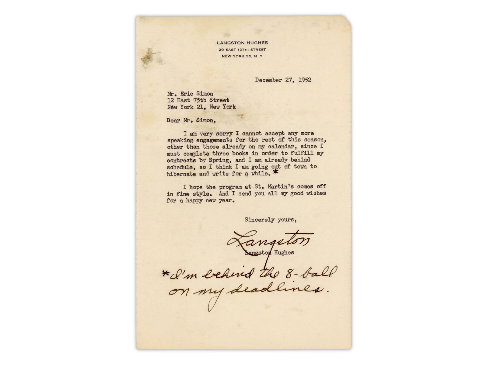 Langston Hughes TLS, 1952: Typed letter signed (TLS) by Langston Hughes, dated December 27, 1952, on his printed letterhead, 20 East 127th Street, New York. Addressed to Mr. Eric Simon of New York.In the letter, Hughes