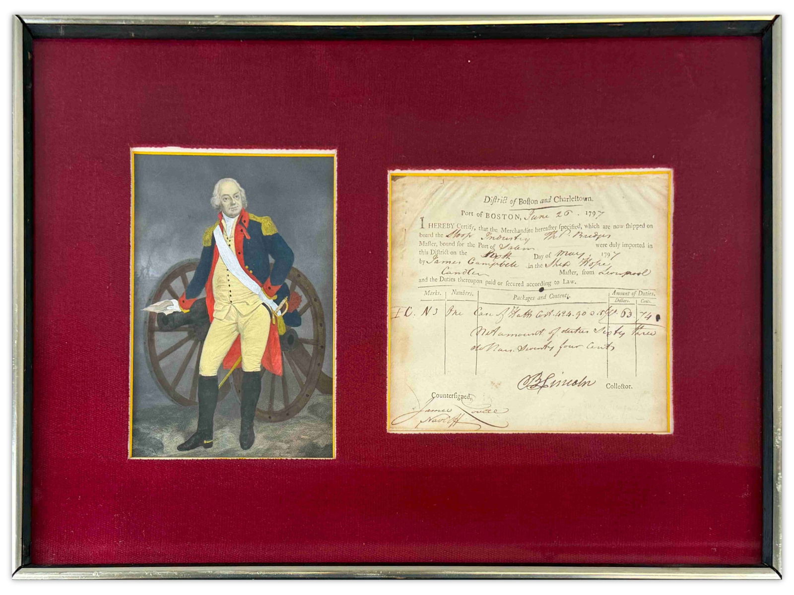 Benjamin Lincoln DS, 1797: Document signed in the name of Benjamin Lincoln by a secretary, 1 page, dated June 26, 1797, Boston. Lincoln served as a Major General in the Continental Army and was present at the British surrender