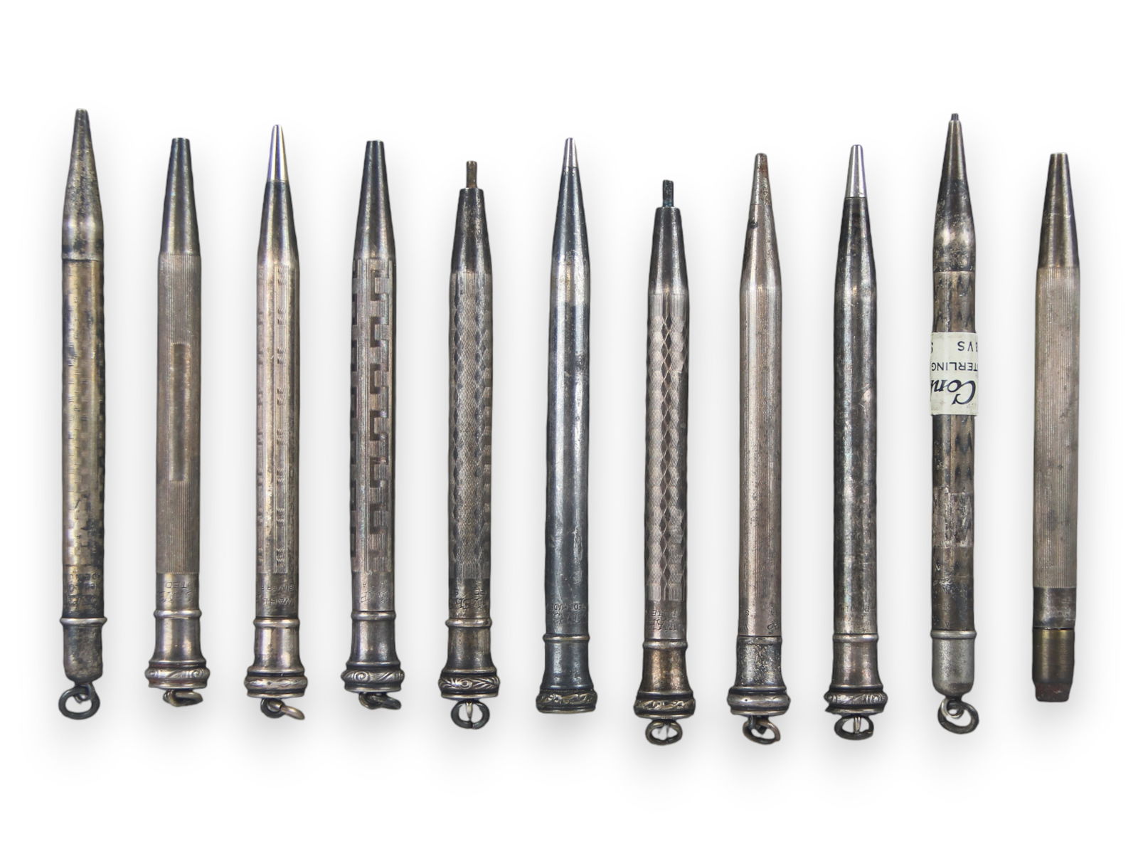 Wahl Eversharp & Conklin Silver Mechanical Pencils: Nice collection of 11 vintage mechanical pencils including 2 Sterling Silver Conklin's (one with price band), 5 Sterling Silver Wahl Eversharp, 2 silver filled Wahl Eversharp, and 2 silver plated