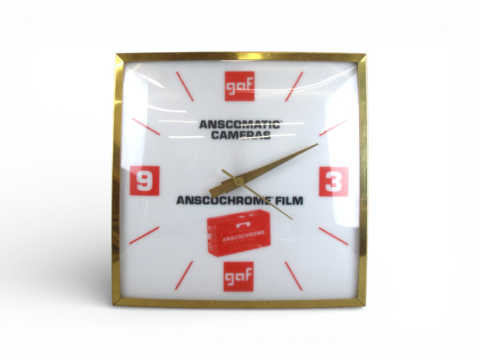 GAF Anscochrome Lighted Advertising Clock: GAF Anscomatic Cameras / Anscochrome Film lighted advertising clock by Universal. Tested and worked at the time. Approx. 15" x 15". Appears to be in good condition with some surface scuffs and scratch