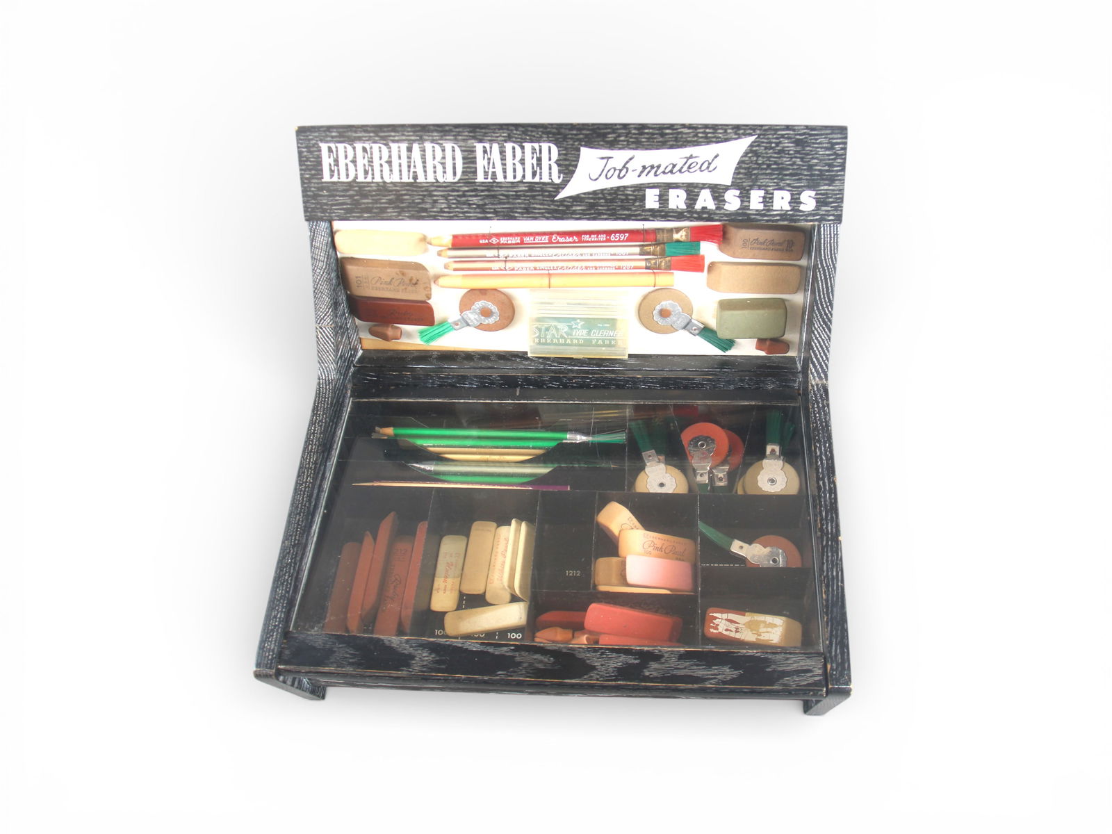 Eberhard Faber Job Mated Erasers Display: Vintage Eberhard Faber "Job-Mated Erasers" countertop display case, mid 20th century. Black faux-grained display with glass front and original printed header. Interior retains its original compartment