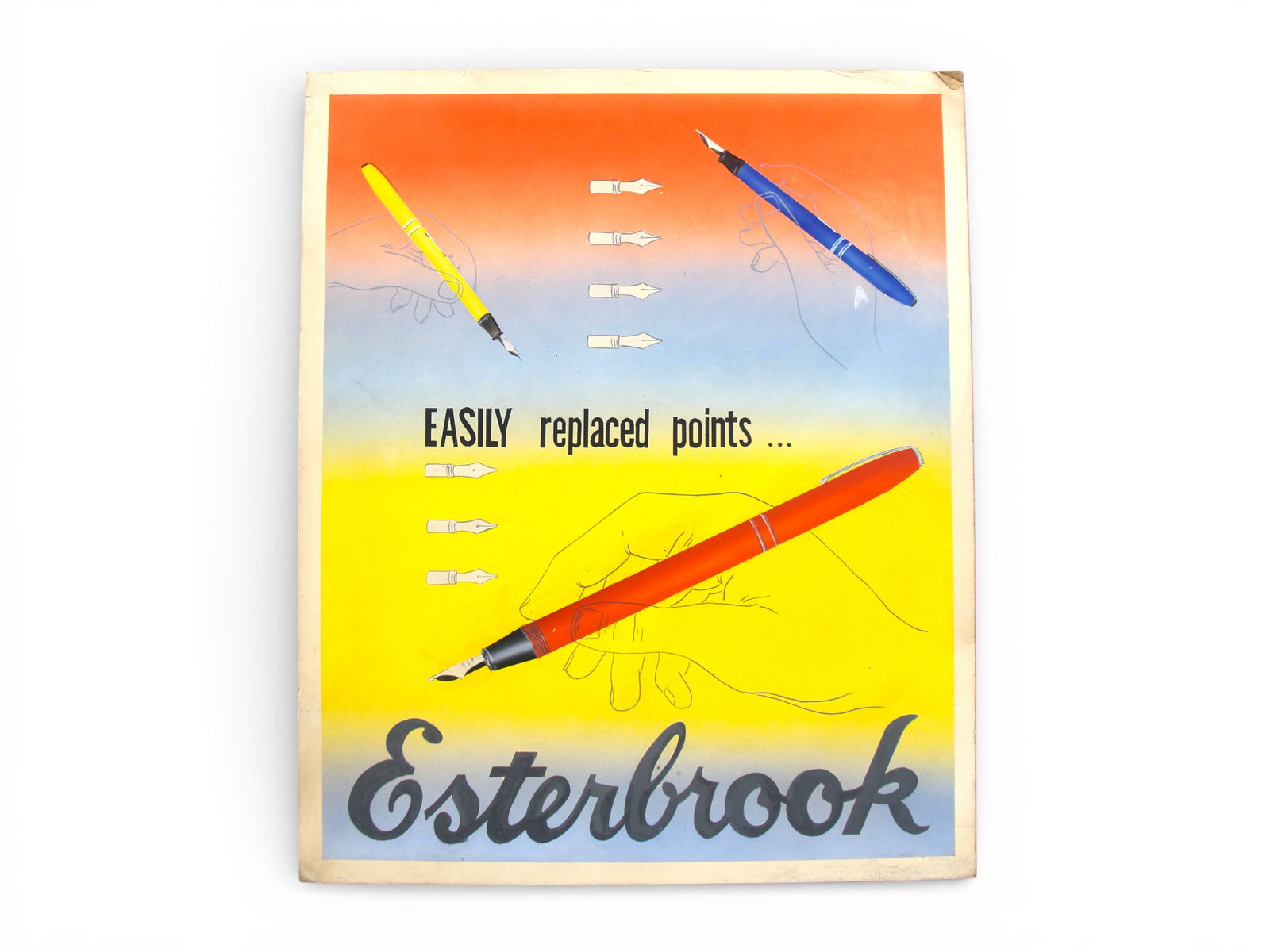 Esterbrook Fountain Pen Orig Advertisement Art: Original hand painted advertising artwork created for Esterbrook fountain pens, featuring a bold, graphic composition with multiple pen models, interchangeable nibs, and the slogan "EASILY replaced po