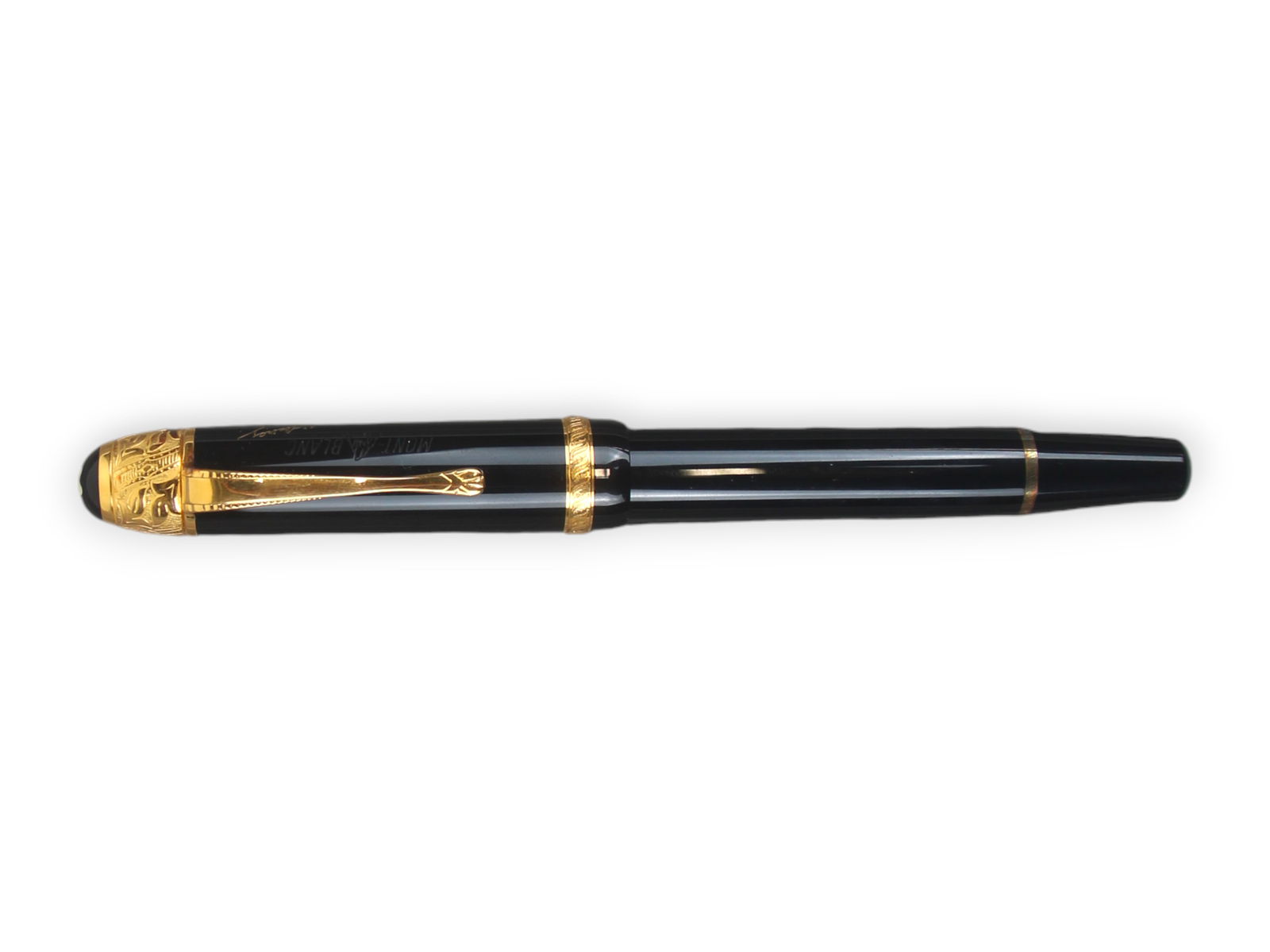 Montblanc Voltaire Limited Edition Fountain Pen: Montblanc Voltaire limited edition fountain pen. Limitation engraving is "S/0485" on cap. 18k gold nib.Shipping: Weiss Auctions offers full-service, in-house shipping for nearly all items in this