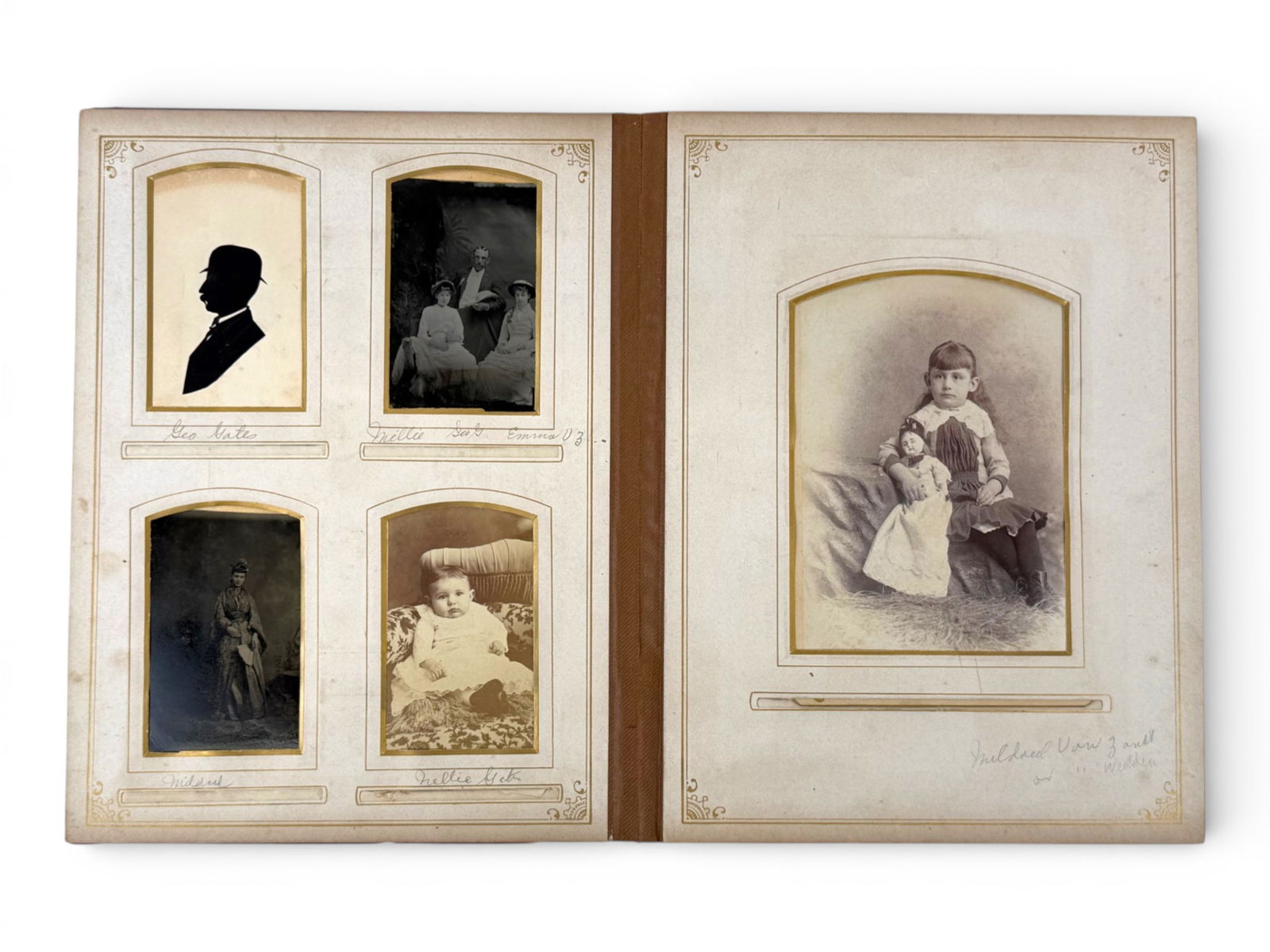 Early Photo Album with Cabinet Cards: Late 19th century photograph album containing numerous cabinet cards and CDV format images, including identified family members and studio portraits. The album includes portraits of men, women, and