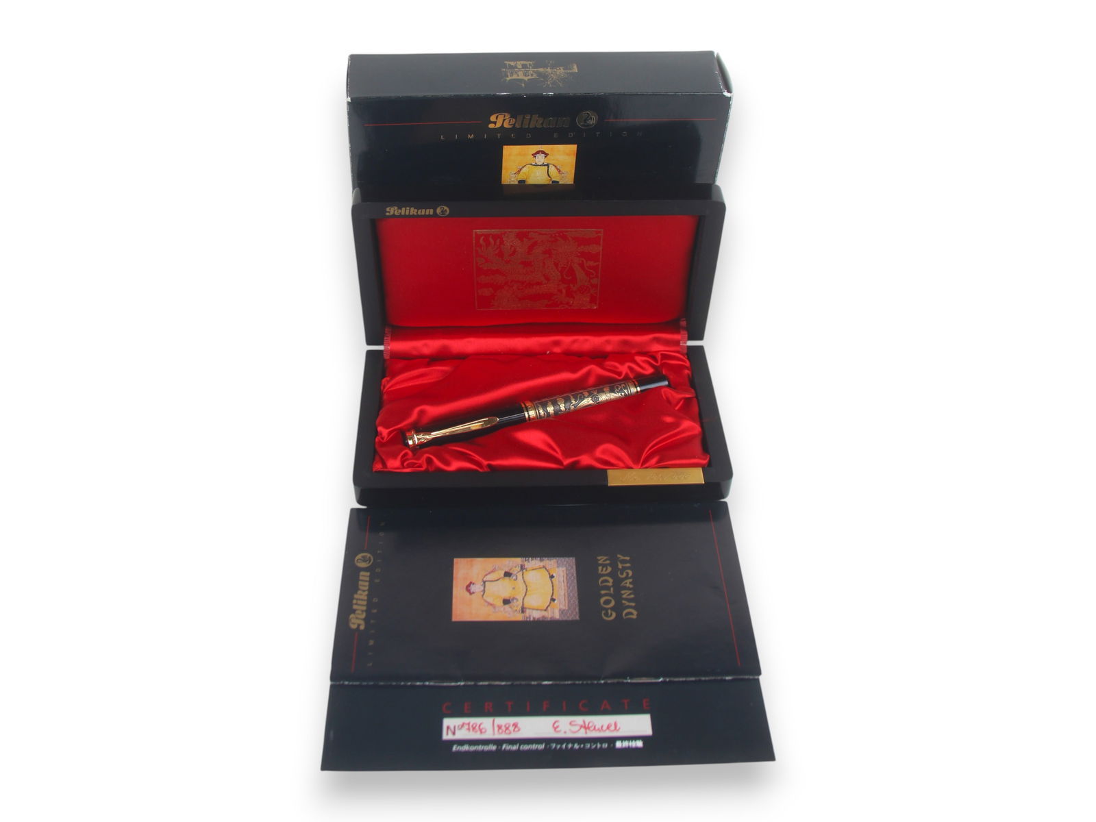 Pelikan Golden Dynasty Ltd Ed Fountain Pen: Pelikan Golden Dynasty Limited Edition Fountain Pen #786/888 in original box.. Minor wear, if any. Shipping: Weiss Auctions offers full-service, in-house shipping for nearly all items in this auction.