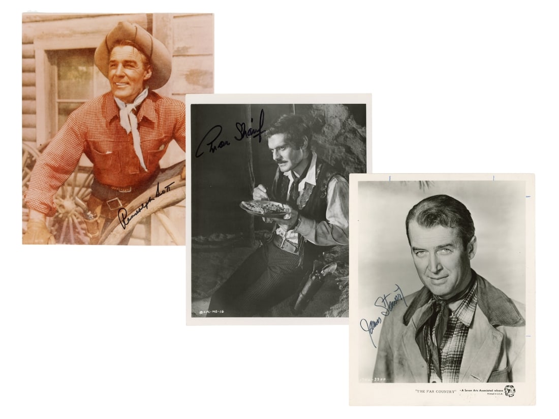 Estate Autograph Lot Western Actors: Includes (100+) 8 x 10 signed photos. Western and Cowboy Actors. Includes (13) Jimmy Stewart, Clint Walker, Jimmy Wakeley, Bob Steele, Charles Starrett etc. Includes duplicates and multiples on many.