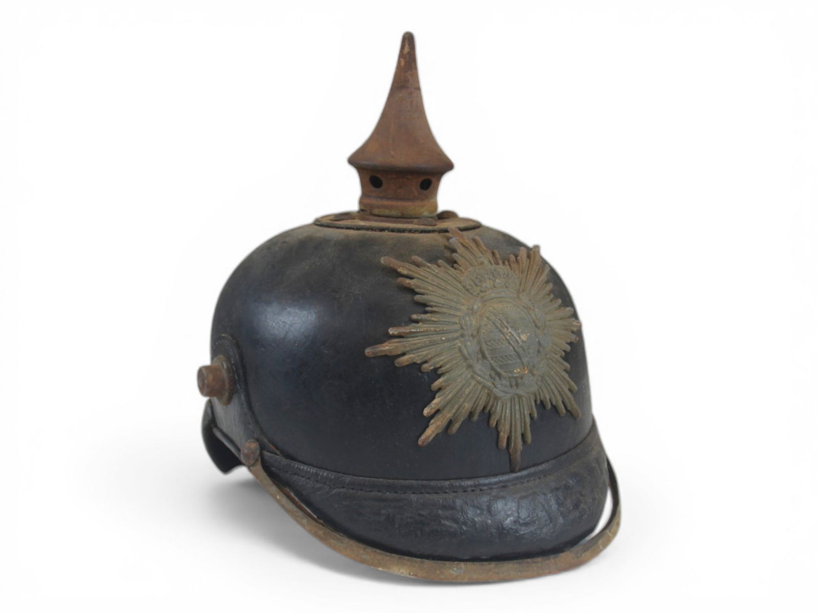 World War One German Military Helmet: 1915 Infantry Helmet with Saxon Coat of Arms.Shipping: Weiss Auctions offers full-service, in-house shipping for nearly all items in this auction. For a shipping quote, please contact us prior to the